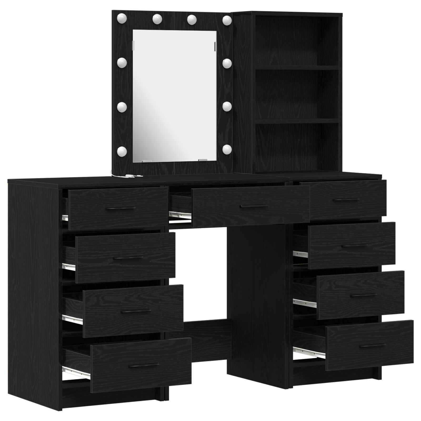 vidaXL Set masă toaletă cu LED, 3 piese, negru, lemn prelucrat