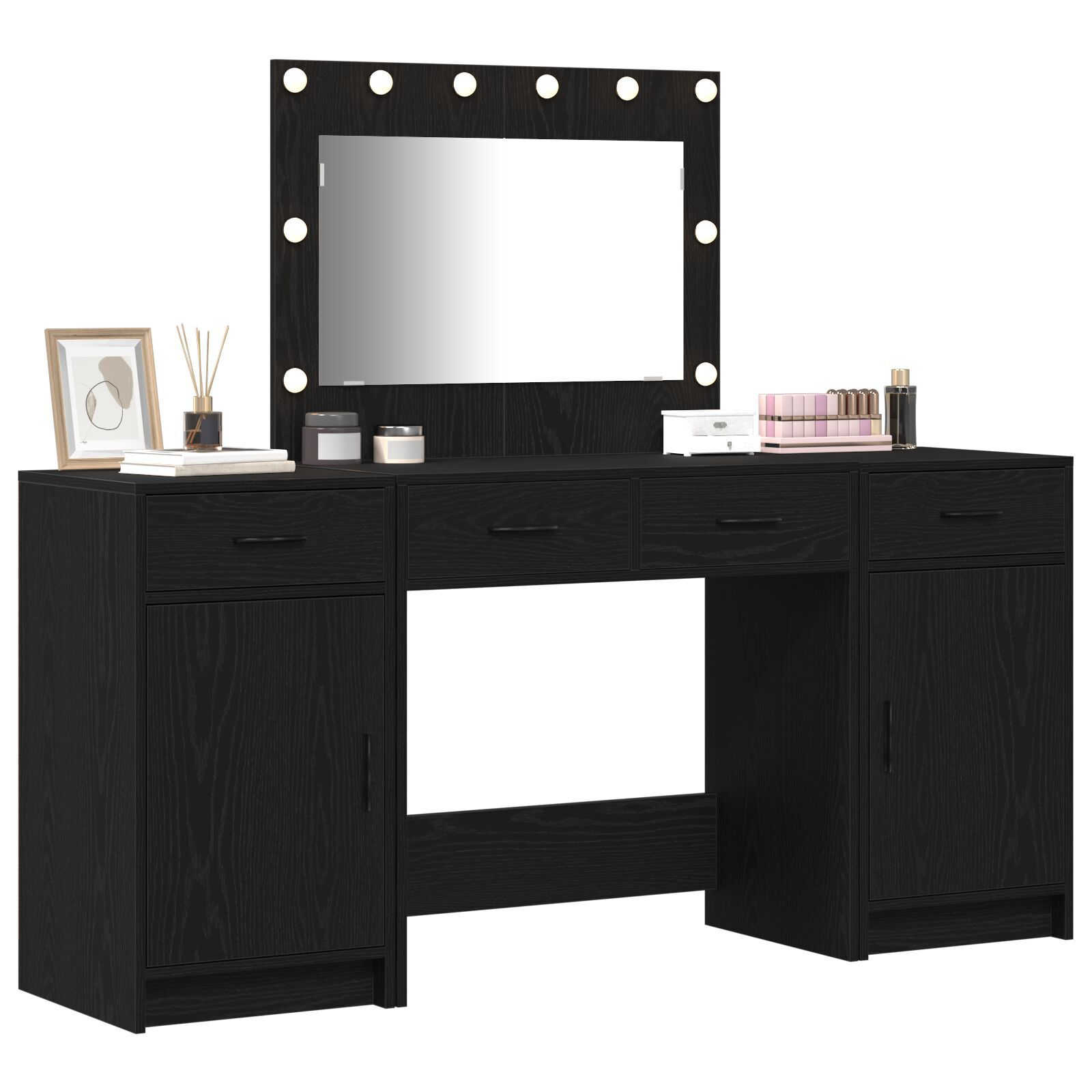 vidaXL Set masă toaletă cu LED, 3 piese, negru, lemn prelucrat