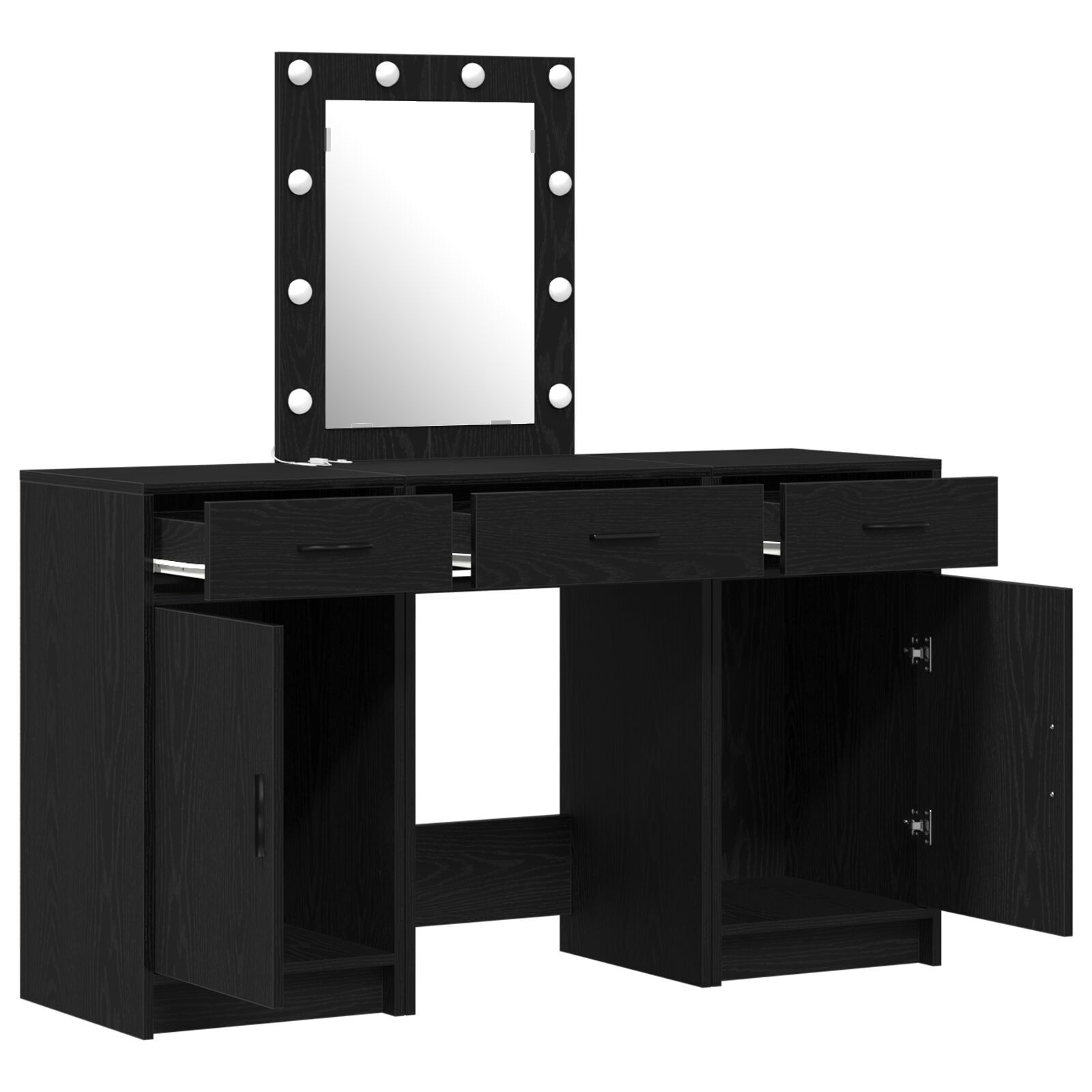 vidaXL Set masă toaletă cu LED 3 piese, negru, lemn prelucrat