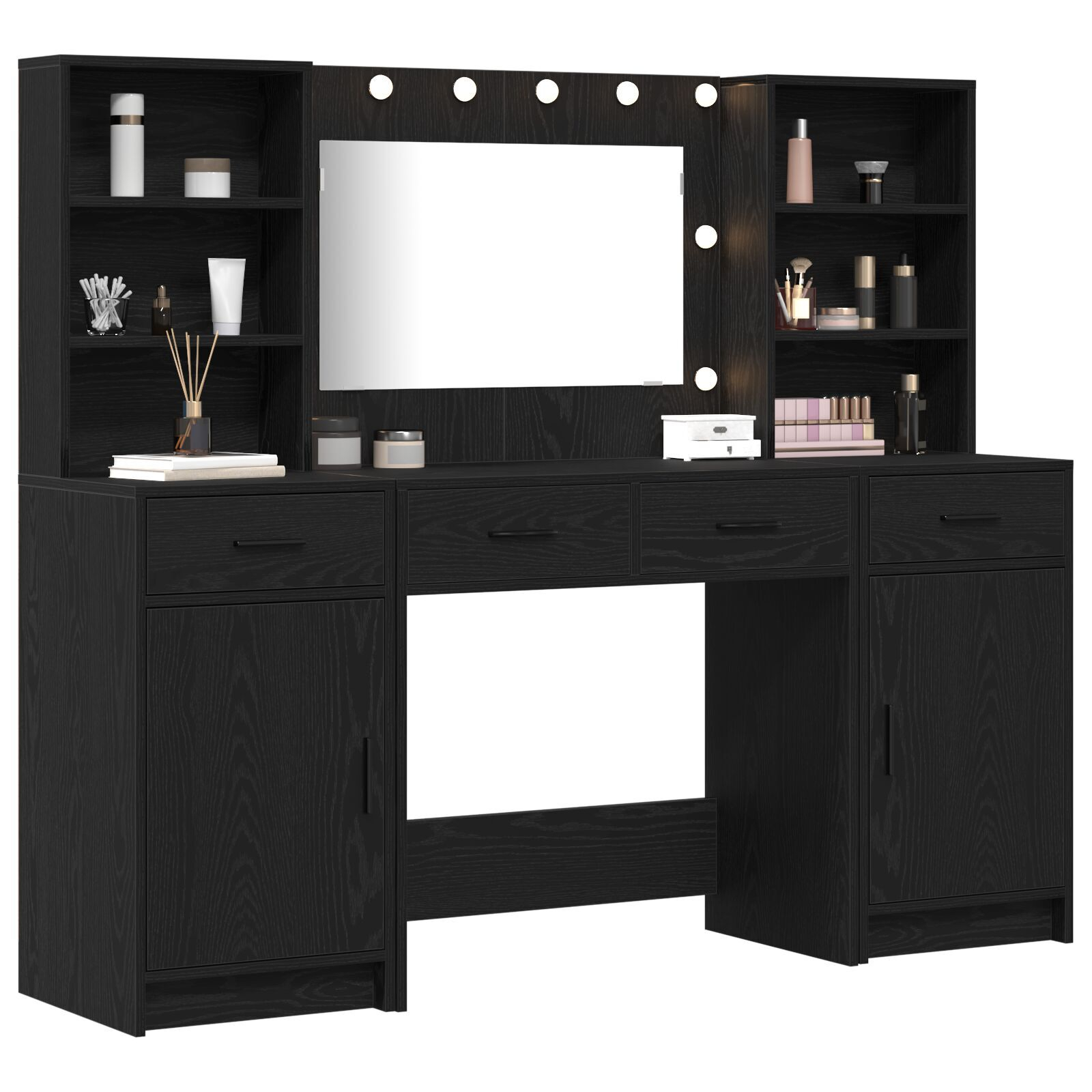 vidaXL Set masă toaletă cu LED, 3 piese, negru, lemn prelucrat