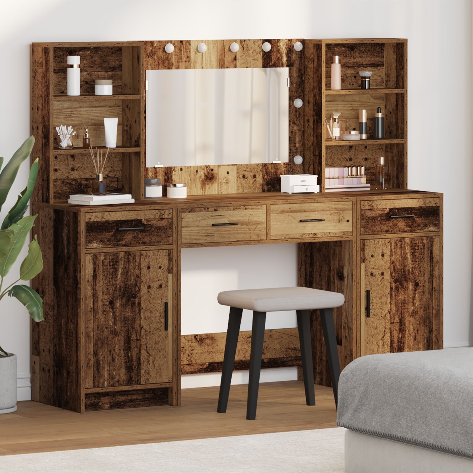 vidaXL Set masă de toaletă cu LED 3 pcs Lemn vechi Lemn compozit