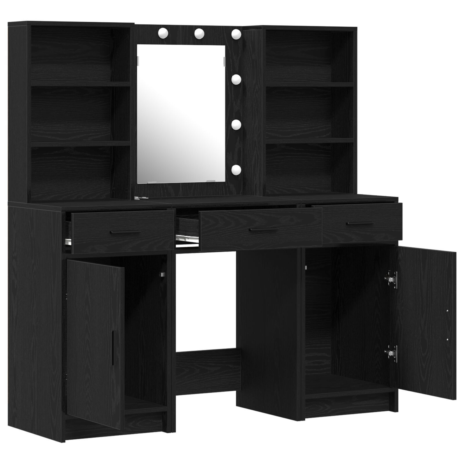 vidaXL Set masă toaletă cu LED, 3 piese, negru, lemn prelucrat