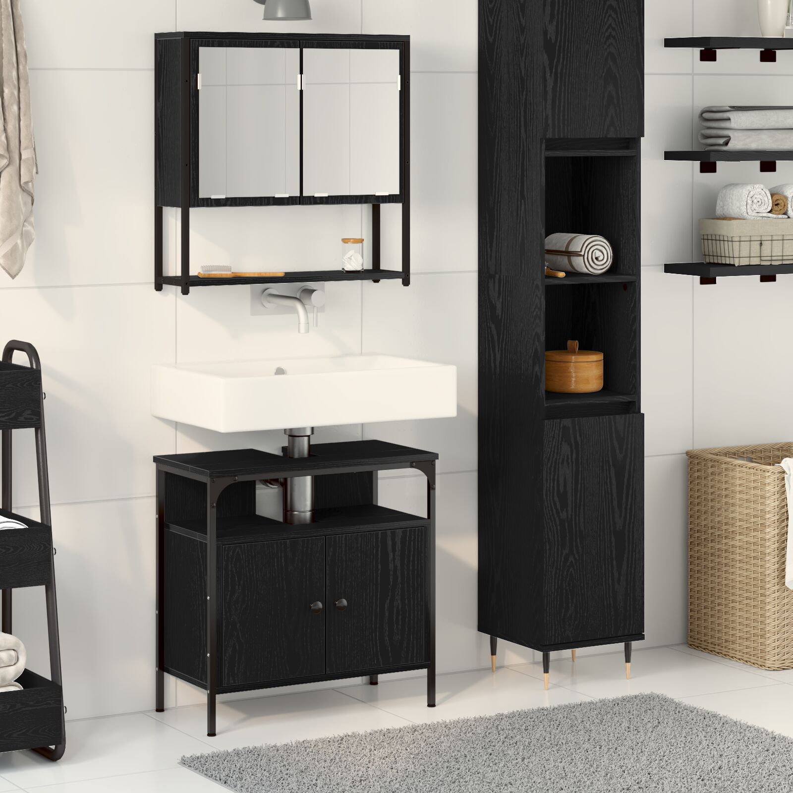 vidaXL Set de mobilier pentru baie cu ușă 2 pcs Negru 60 x 30 x 60 cm vidaXL Set de mobilier pentru baie cu ușă 2 pcs Negru 60 x 30 x 60 cm