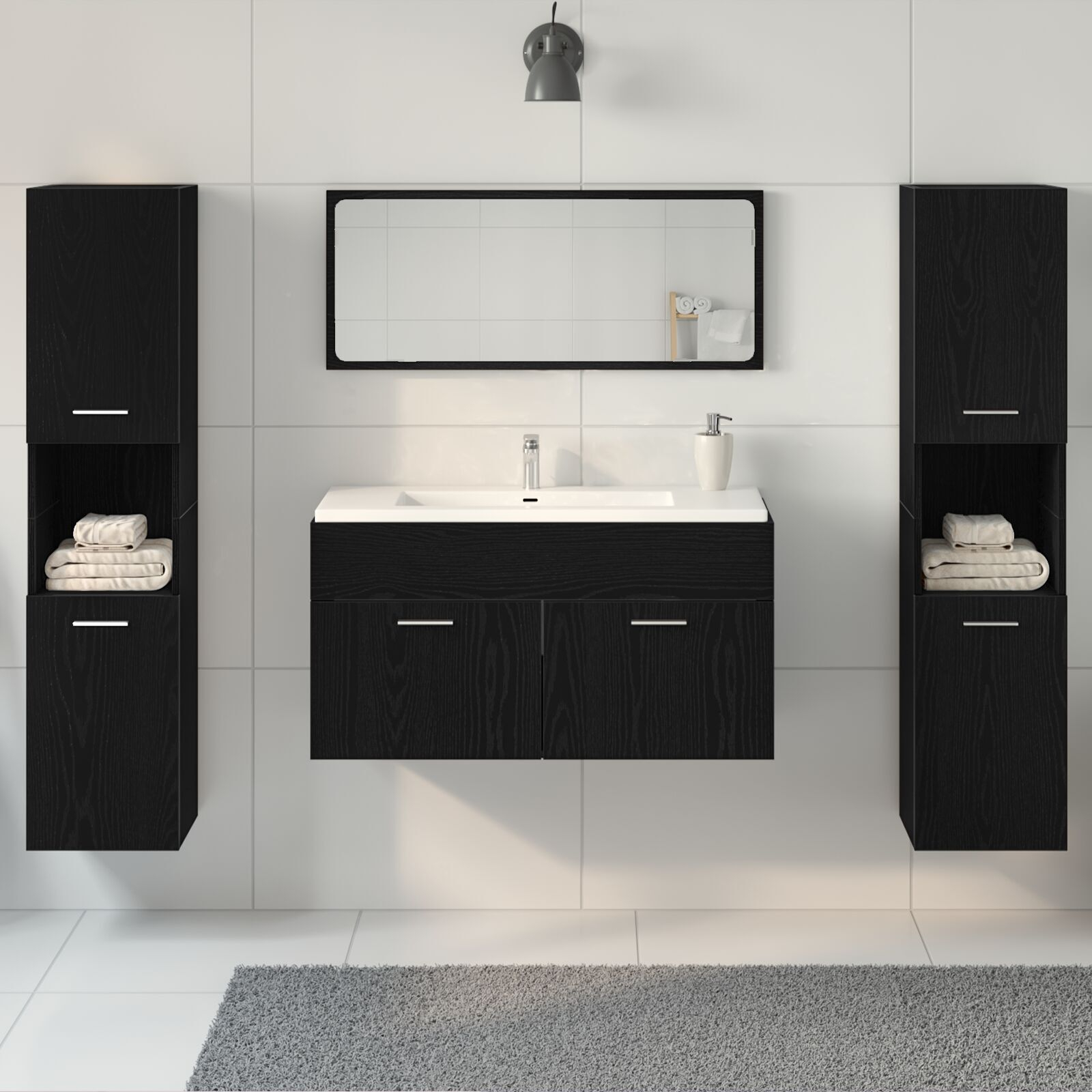 vidaXL Set Mobilier Baie cu ușă 4 pcs Stejar Negru 41 x 38.5 x 46 cm vidaXL Set Mobilier Baie cu ușă 4 pcs Stejar Negru 41 x 38.5 x 46 cm