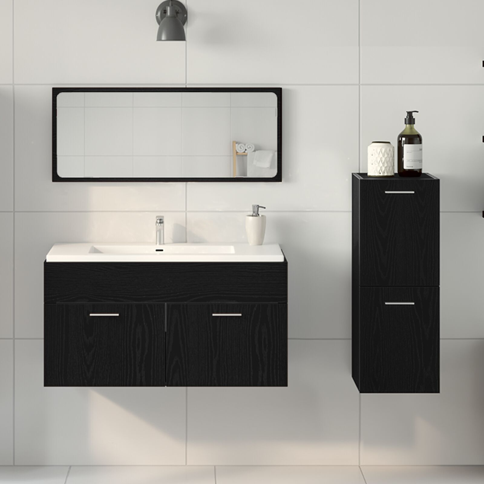 vidaXL Set de mobilier pentru baie Pe perete cu ușă 3 pcs Stejar Negru vidaXL Set de mobilier pentru baie Pe perete cu ușă 3 pcs Stejar Negru