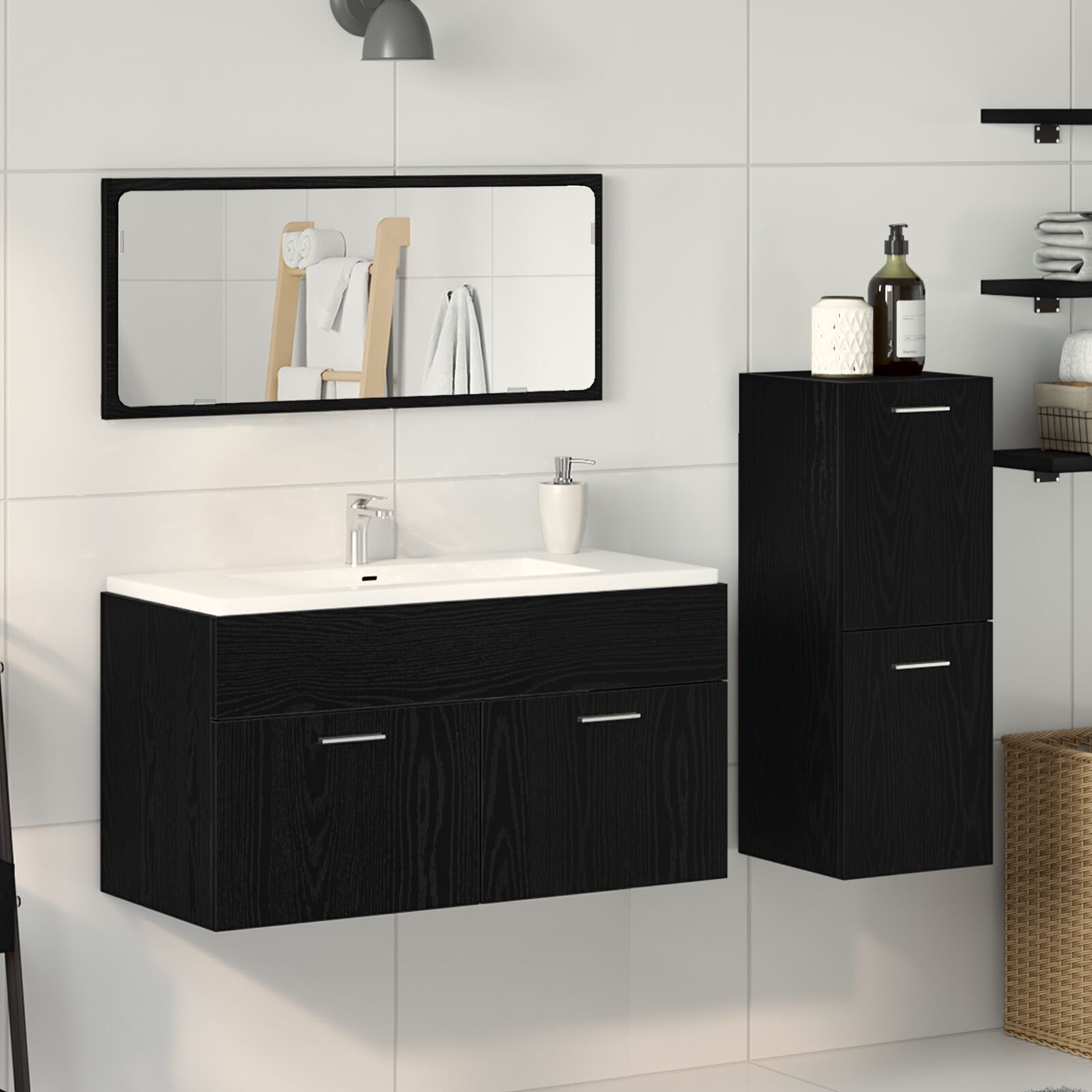 vidaXL Set de mobilier pentru baie Pe perete cu ușă 3 pcs Stejar Negru vidaXL Set de mobilier pentru baie Pe perete cu ușă 3 pcs Stejar Negru