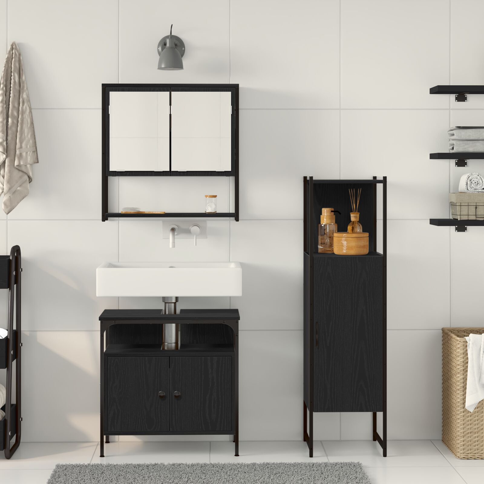 vidaXL Set de mobilier pentru baie 3 pcs Negru 33 x 33 x 120.5 cm vidaXL Set de mobilier pentru baie 3 pcs Negru 33 x 33 x 120.5 cm