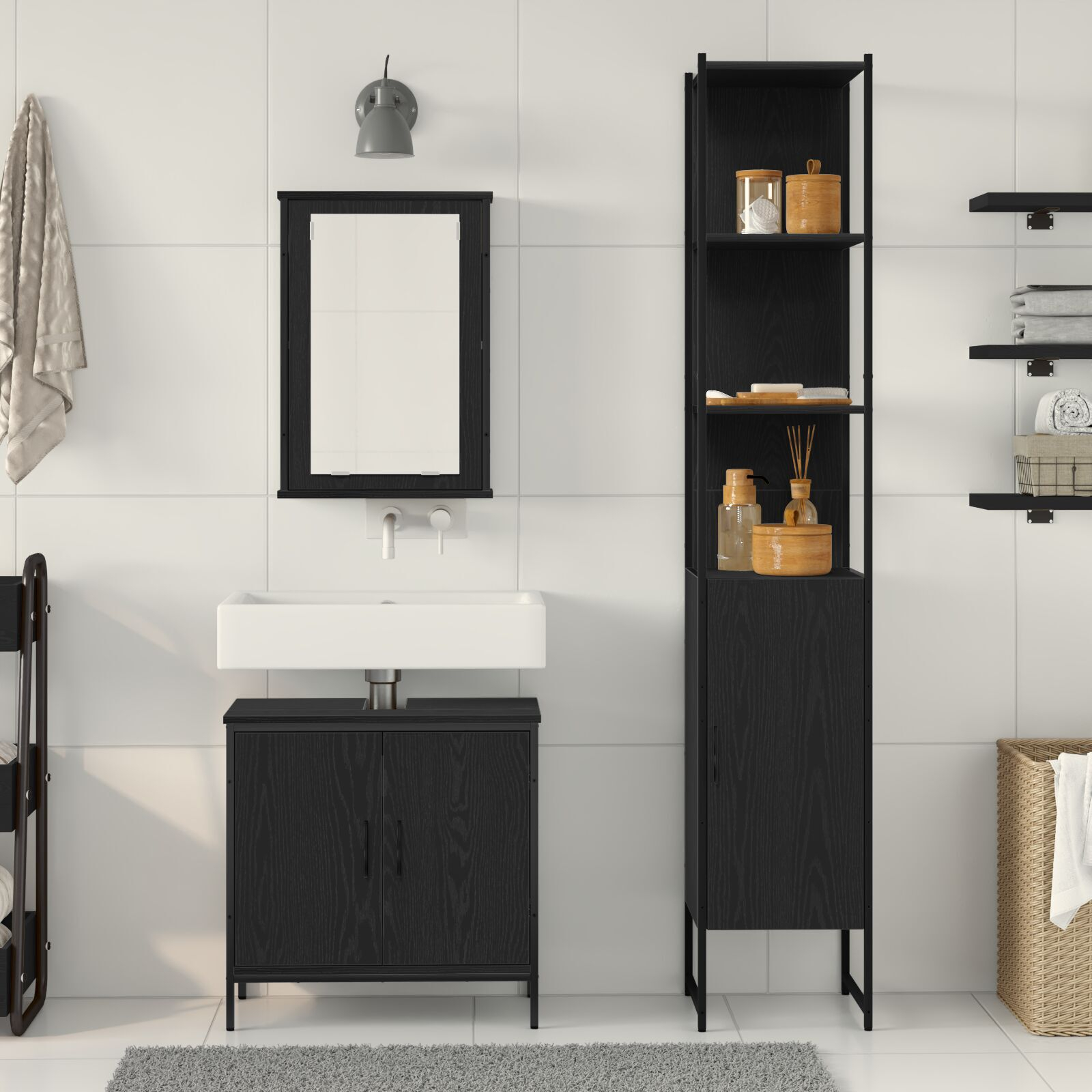 vidaXL Set de mobilier pentru baie 3 pcs Negru 33 x 33 x 185.5 cm vidaXL Set de mobilier pentru baie 3 pcs Negru 33 x 33 x 185.5 cm