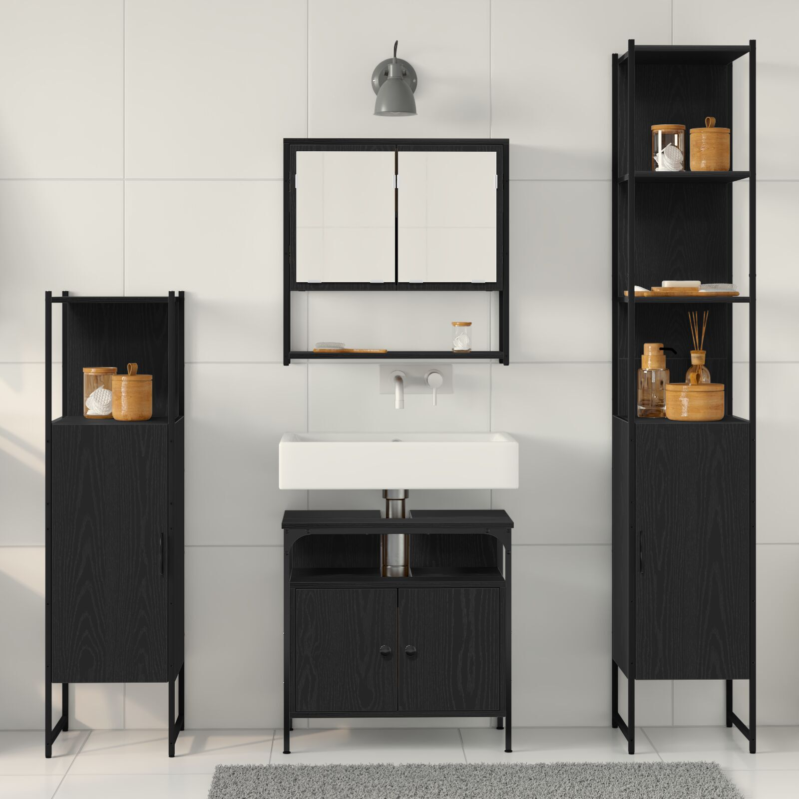 vidaXL Set de mobilier pentru baie cu raft cu ușă 4 pcs Stejar negru vidaXL Set de mobilier pentru baie cu raft cu ușă 4 pcs Stejar negru