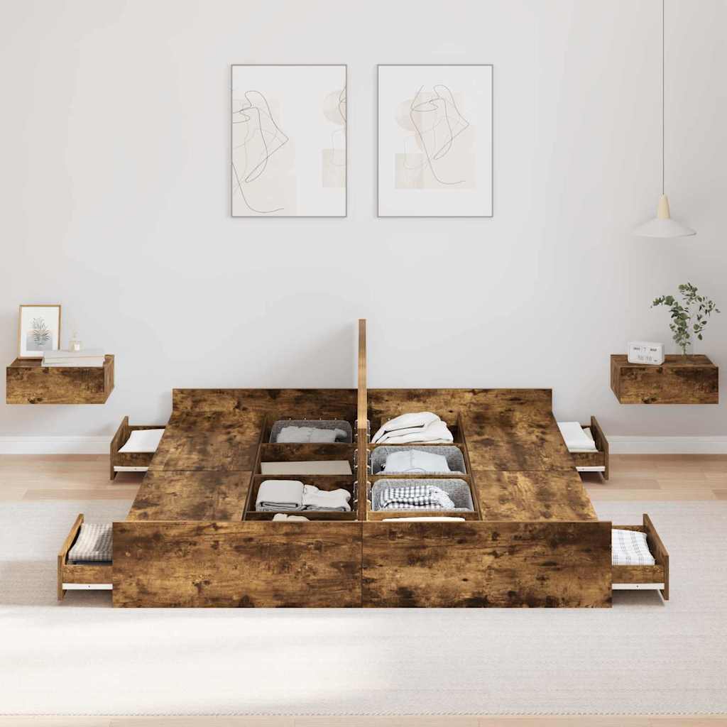 vidaXL Cadru de pat cu depozitare Stejar fumuriu 150 x 200 cm