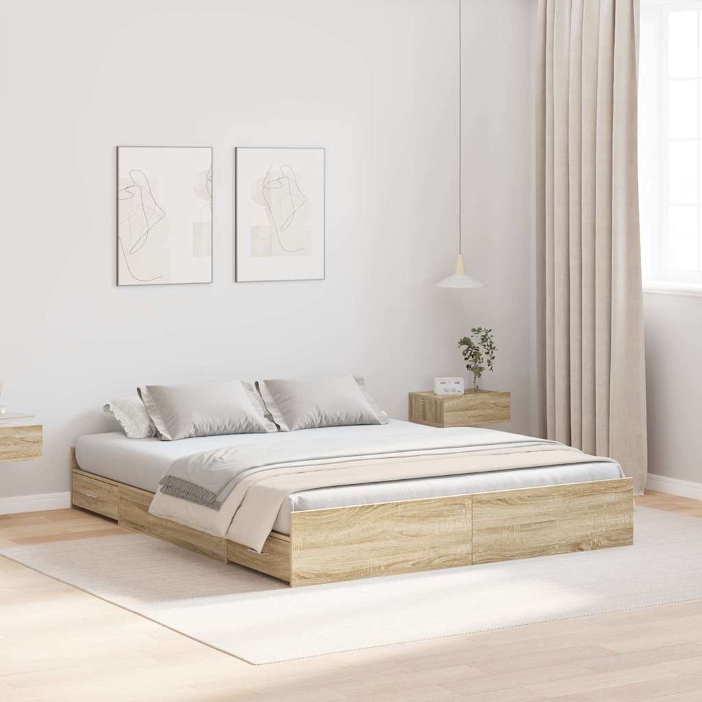 vidaXL Cadru de pat cu depozitare cu sertar Stejar sonoma 135 x 190 cm vidaXL Cadru de pat cu depozitare cu sertar Stejar sonoma 135 x 190 cm