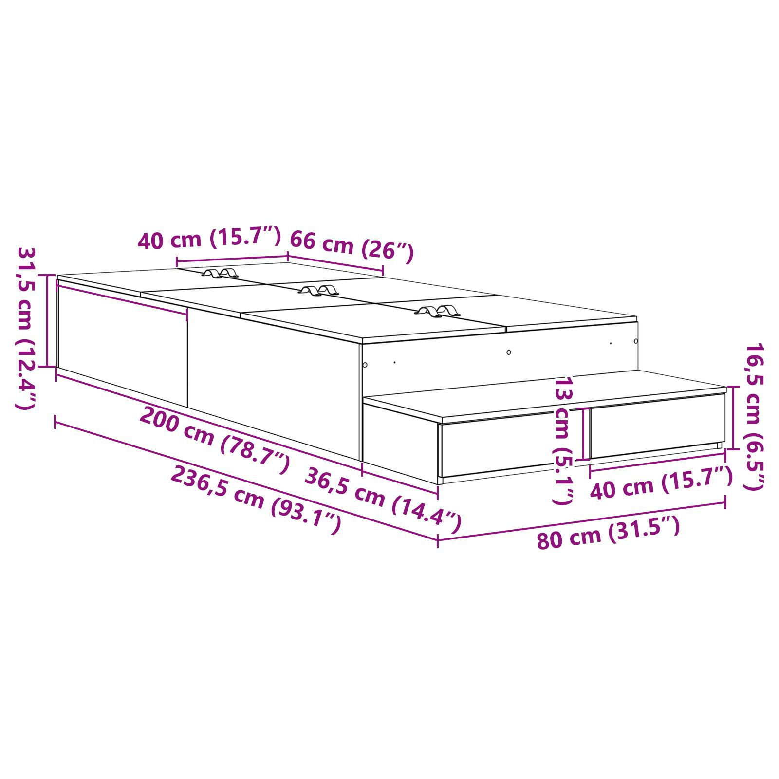 vidaXL Cadru de pat cu depozitare Stejar negru 236.5 x 80 x 31.5 cm