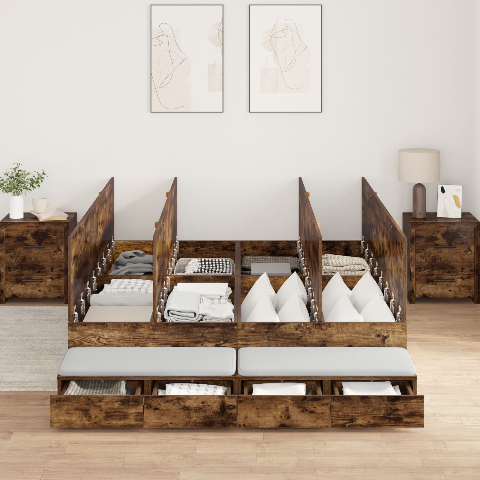 vidaXL Cadru de pat cu depozitare Stejar fumuriu 236.5 x 140 x 31.5 cm