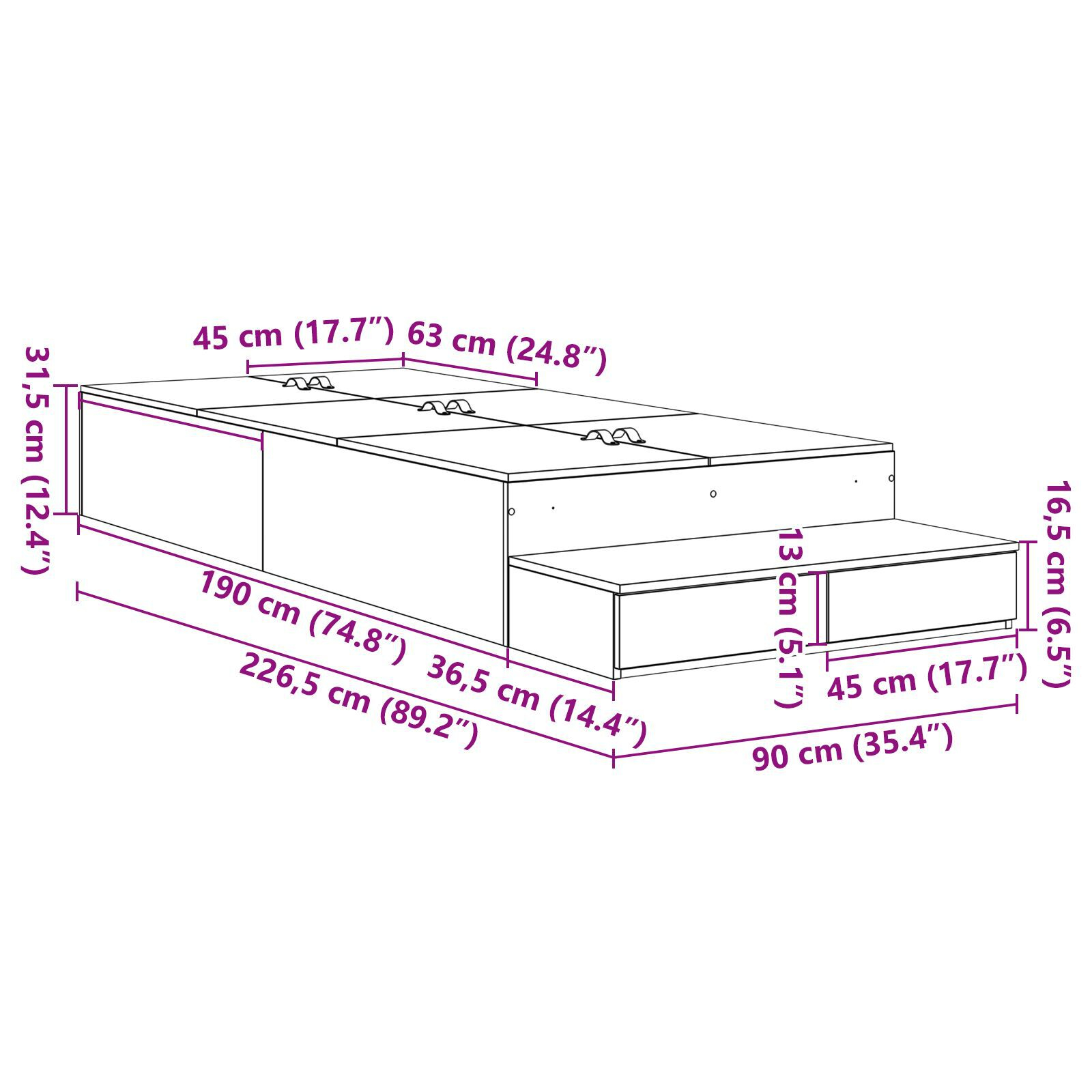 vidaXL Cadru de pat cu depozitare cu sertar Alb 226.5 x 90 x 31.5 cm