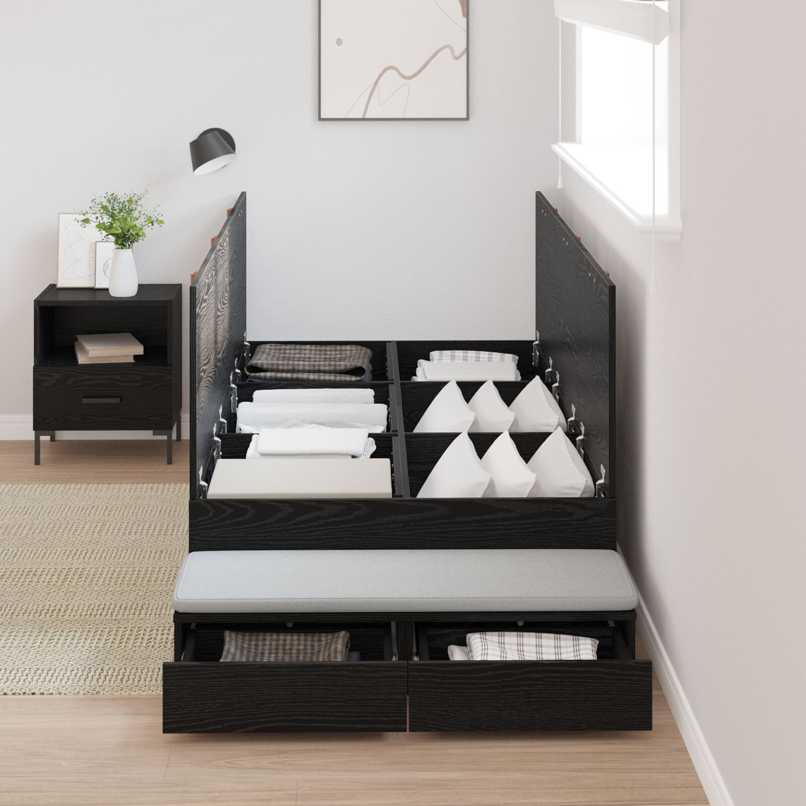 vidaXL Cadru de pat cu depozitare Stejar negru 226.5 x 90 x 31.5 cm