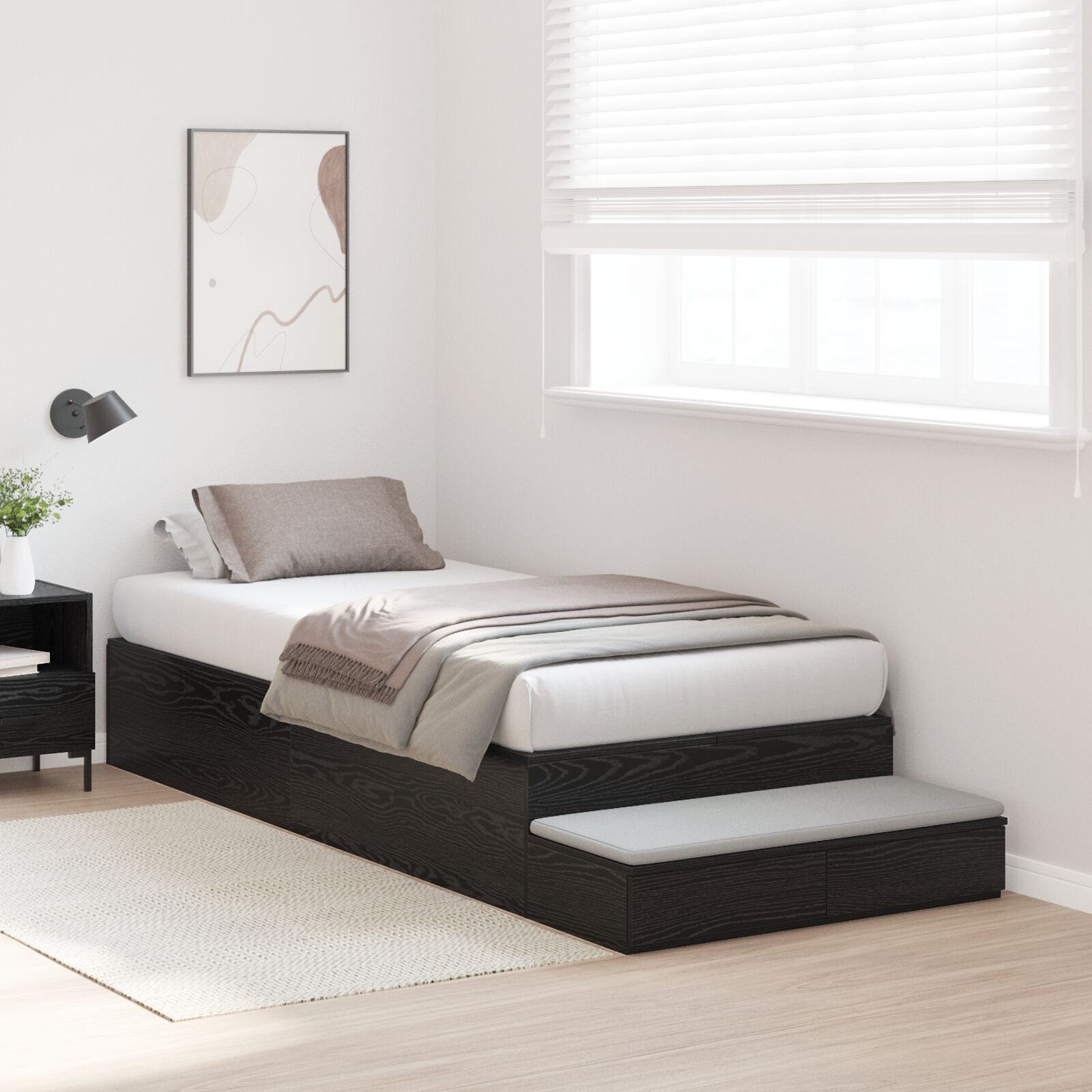 vidaXL Cadru de pat cu depozitare Stejar negru 226.5 x 75 x 31.5 cm