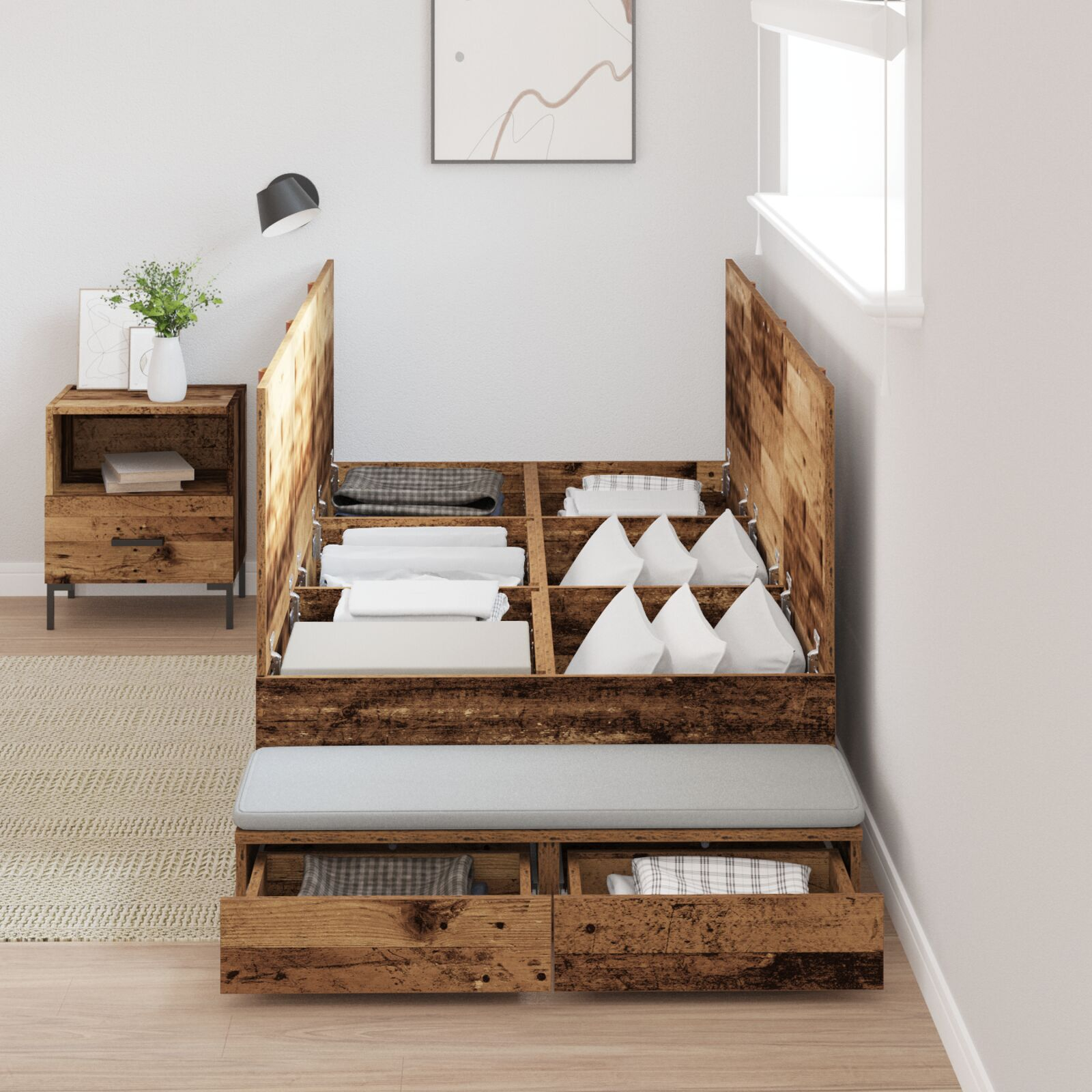 vidaXL Cadru de pat cu depozitare Lemn vechi 226.5 x 75 x 31.5 cm