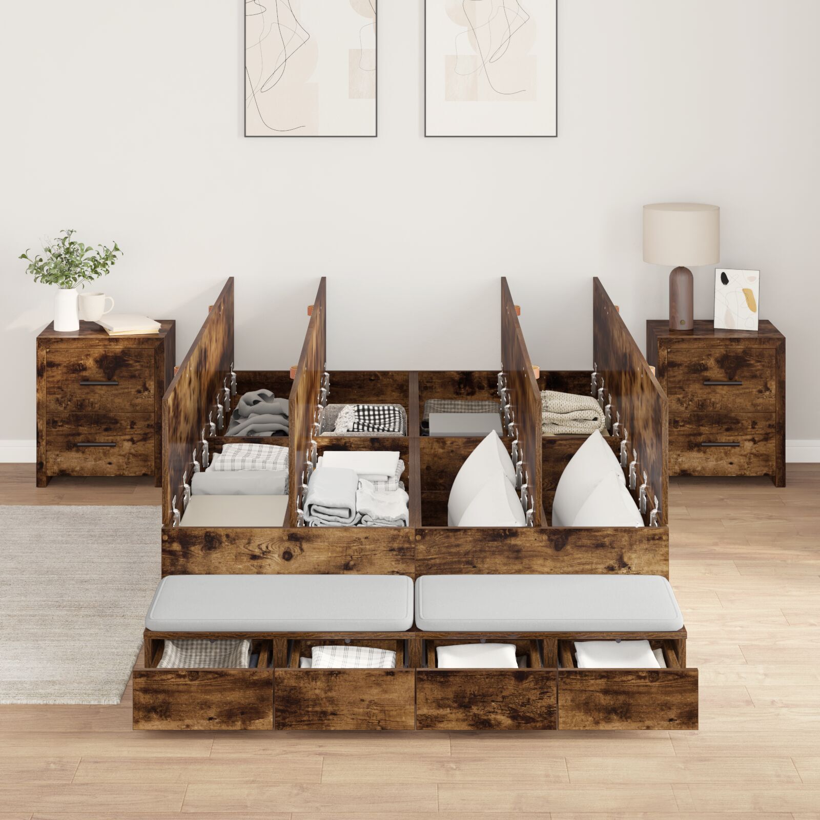 vidaXL Cadru de pat cu depozitare Stejar fumuriu 226.5 x 120 x 31.5 cm vidaXL Cadru de pat cu depozitare Stejar fumuriu 226.5 x 120 x 31.5 cm
