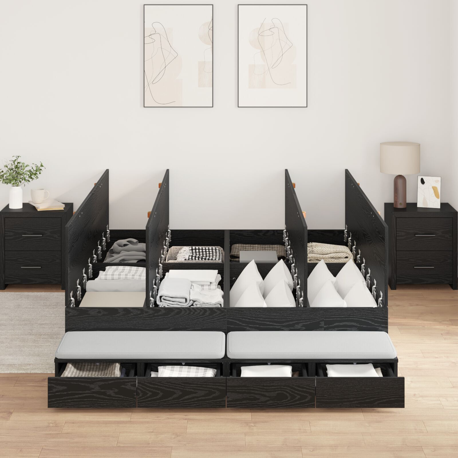 vidaXL Cadru de pat cu depozitare Stejar negru 226.5 x 140 x 31.5 cm