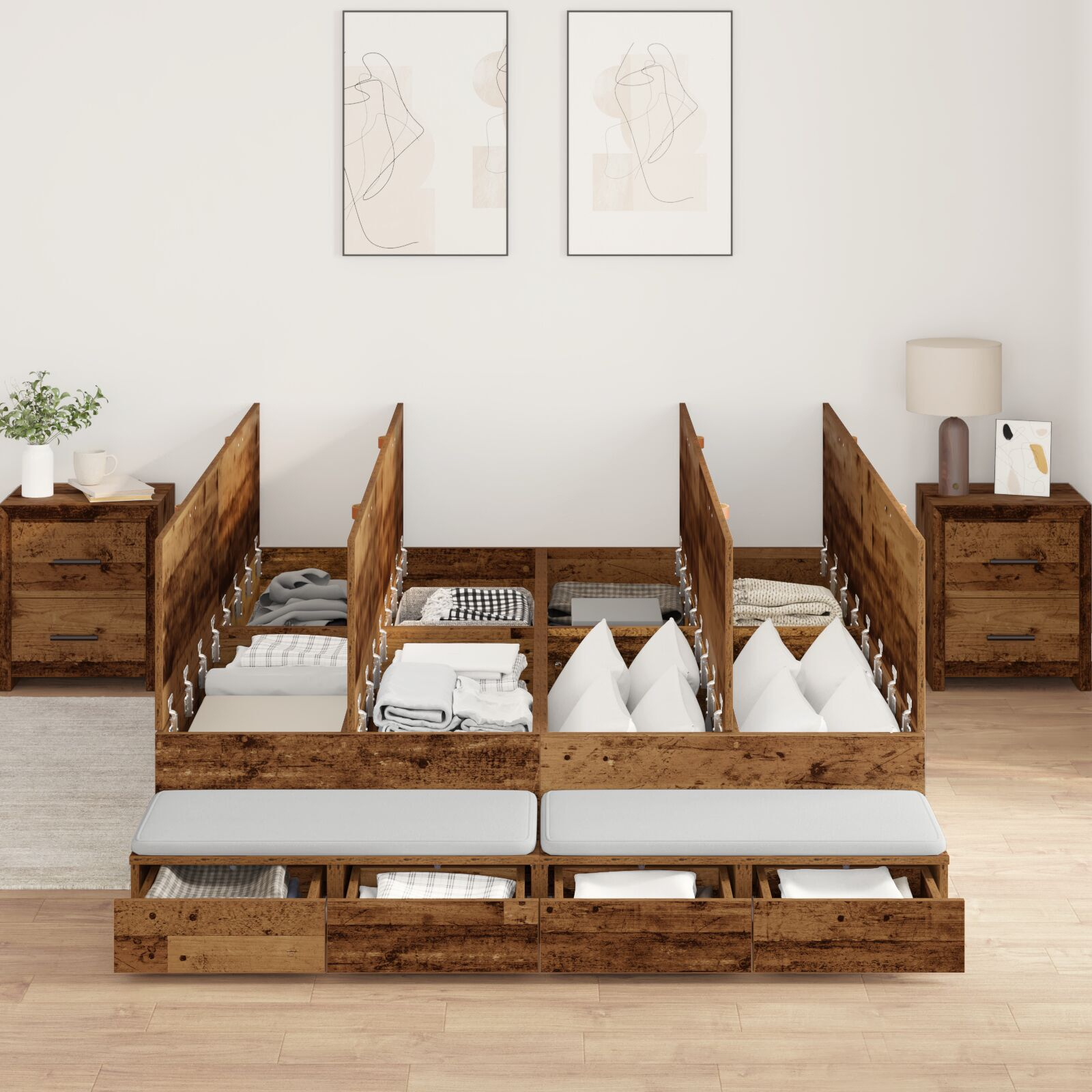 vidaXL Cadru de pat cu depozitare Lemn vechi 226.5 x 135 x 31.5 cm