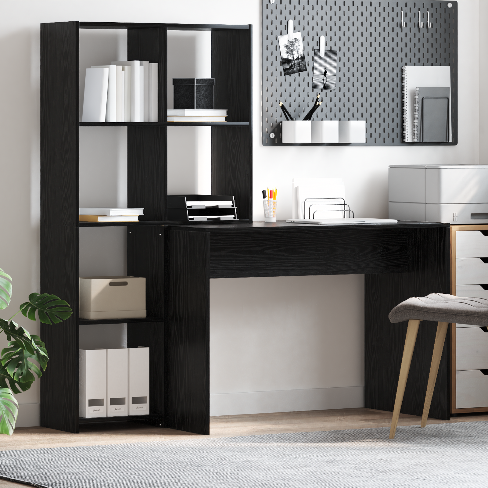 vidaXL Birou cu raft Stejar negru 138.5 x 55 x 143 cm Lemn compozit vidaXL Birou cu raft Stejar negru 138.5 x 55 x 143 cm Lemn compozit