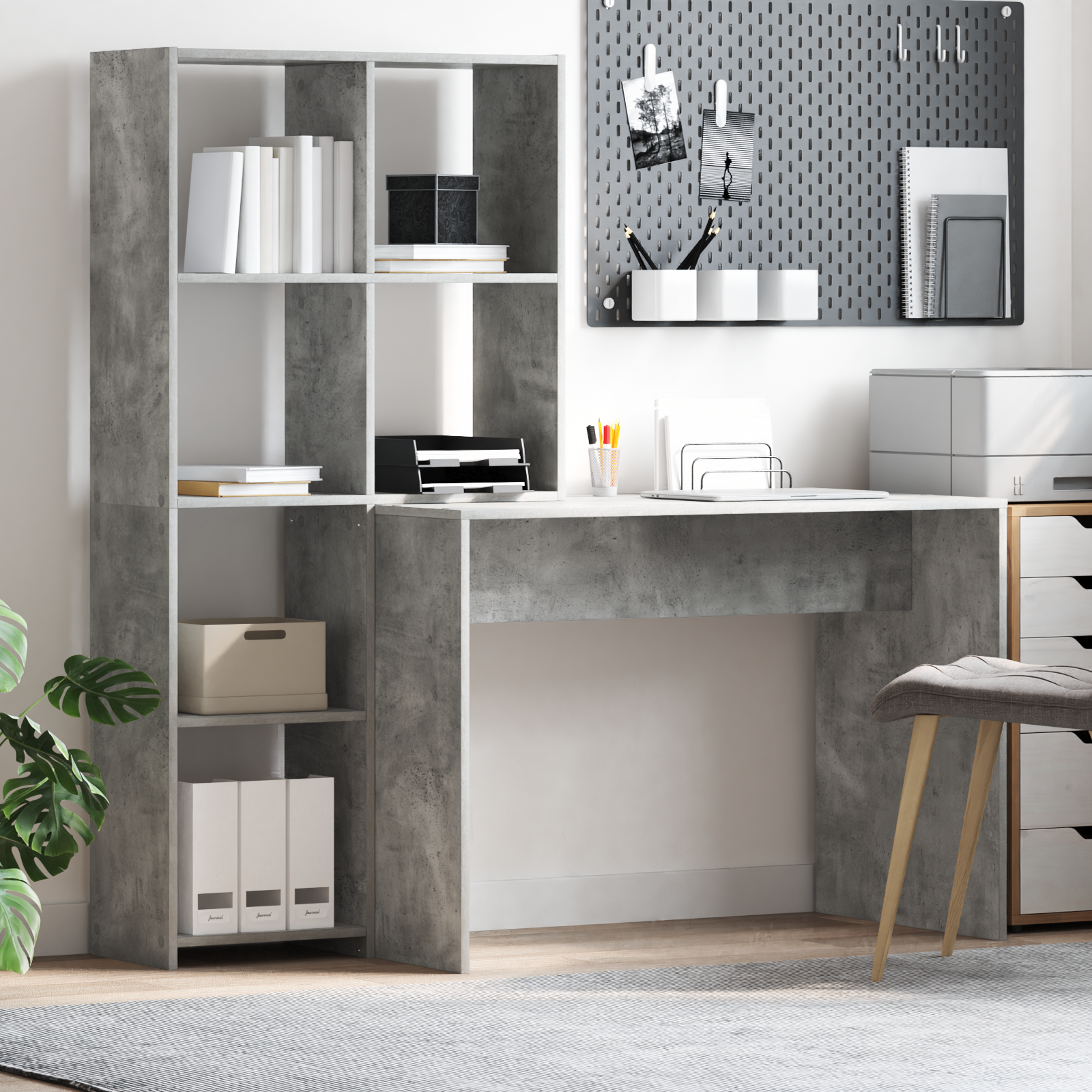 vidaXL Birou cu raft cu depozitare Gri beton 138.5 x 55 x 143 cm Lemn compozit vidaXL Birou cu raft cu depozitare Gri beton 138.5 x 55 x 143 cm Lemn compozit