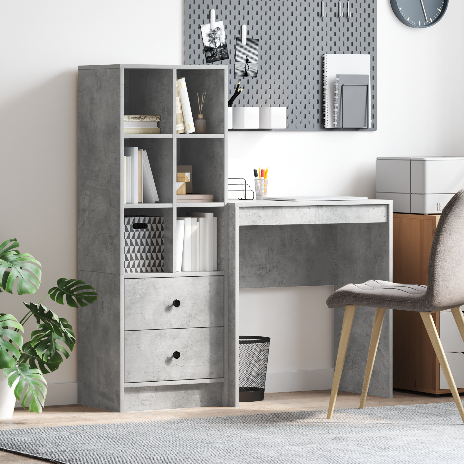 vidaXL Birou cu stocare gri beton din MDF vidaXL Birou cu stocare gri beton din MDF