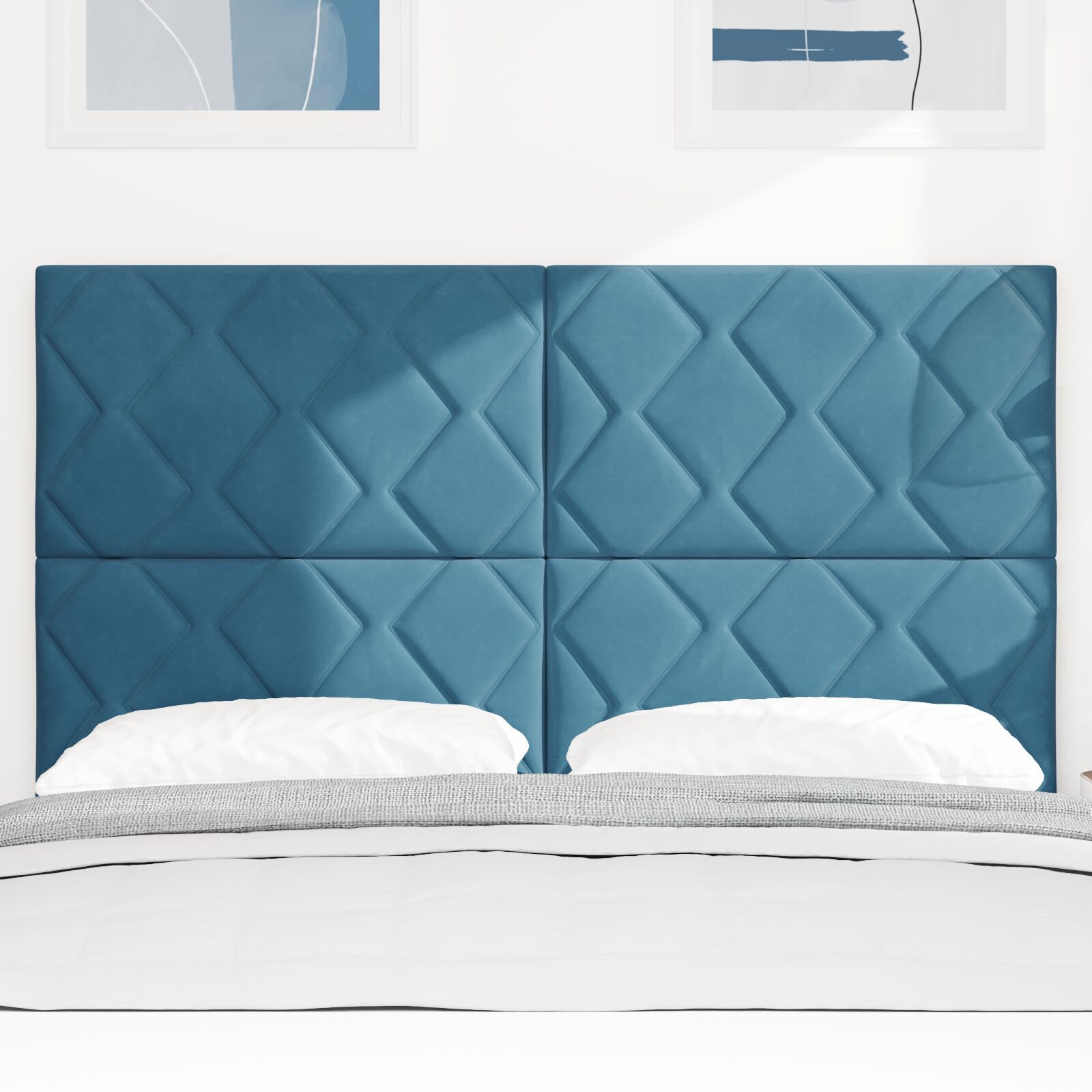 vidaXL Tăblie cap Pe perete Geometric Albastru închis 144 cm Catifea vidaXL Tăblie cap Pe perete Geometric Albastru închis 144 cm Catifea