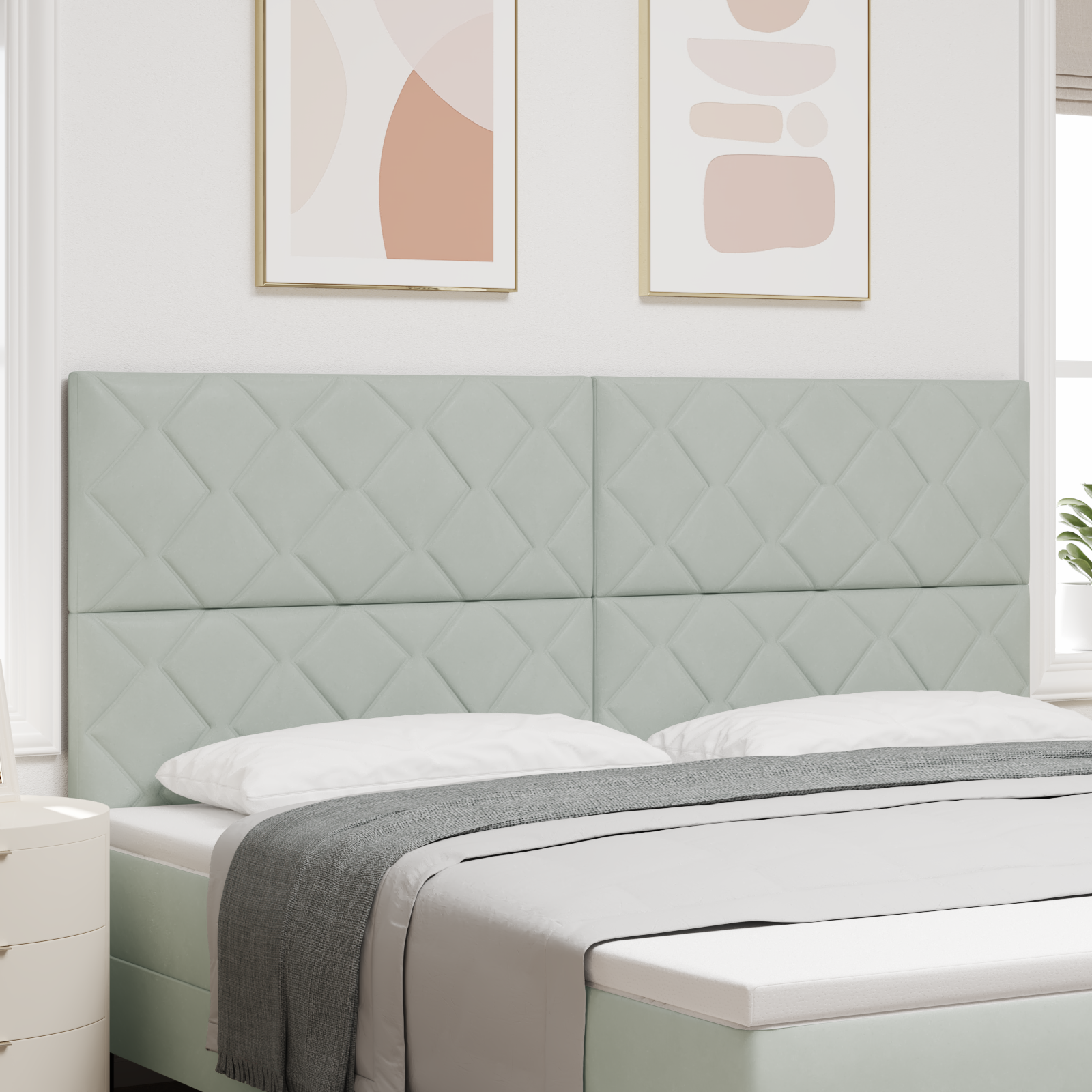 vidaXL Cap de pat LED, design blocuri diamant, gri deschis, 200 cm.