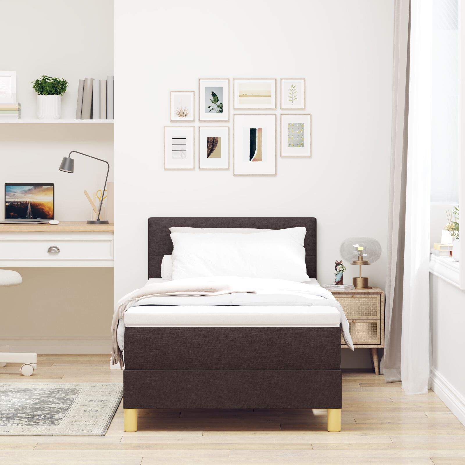 vidaXL Pat boxspring cu saltea Maro închis 90 x 200 cm țesătură
