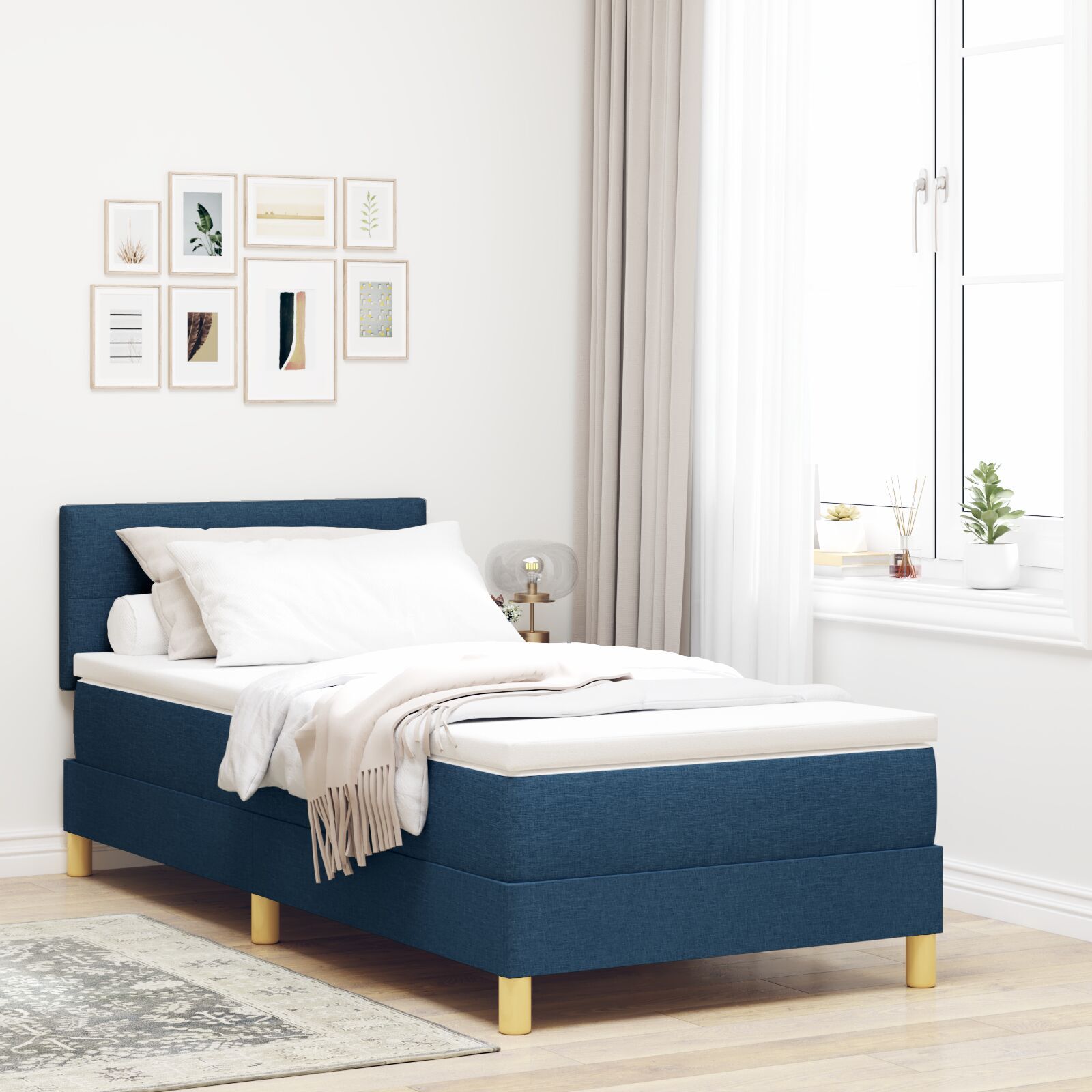 vidaXL Pat boxspring cu saltea cu saltea albastru 90 x 200 cm țesătură