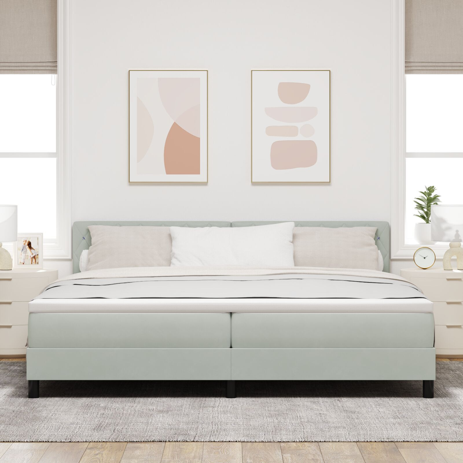 vidaXL Pat cu Arcuri și Saltea Gri deschis 200 x 200 cm țesătură vidaXL Pat cu Arcuri și Saltea Gri deschis 200 x 200 cm țesătură