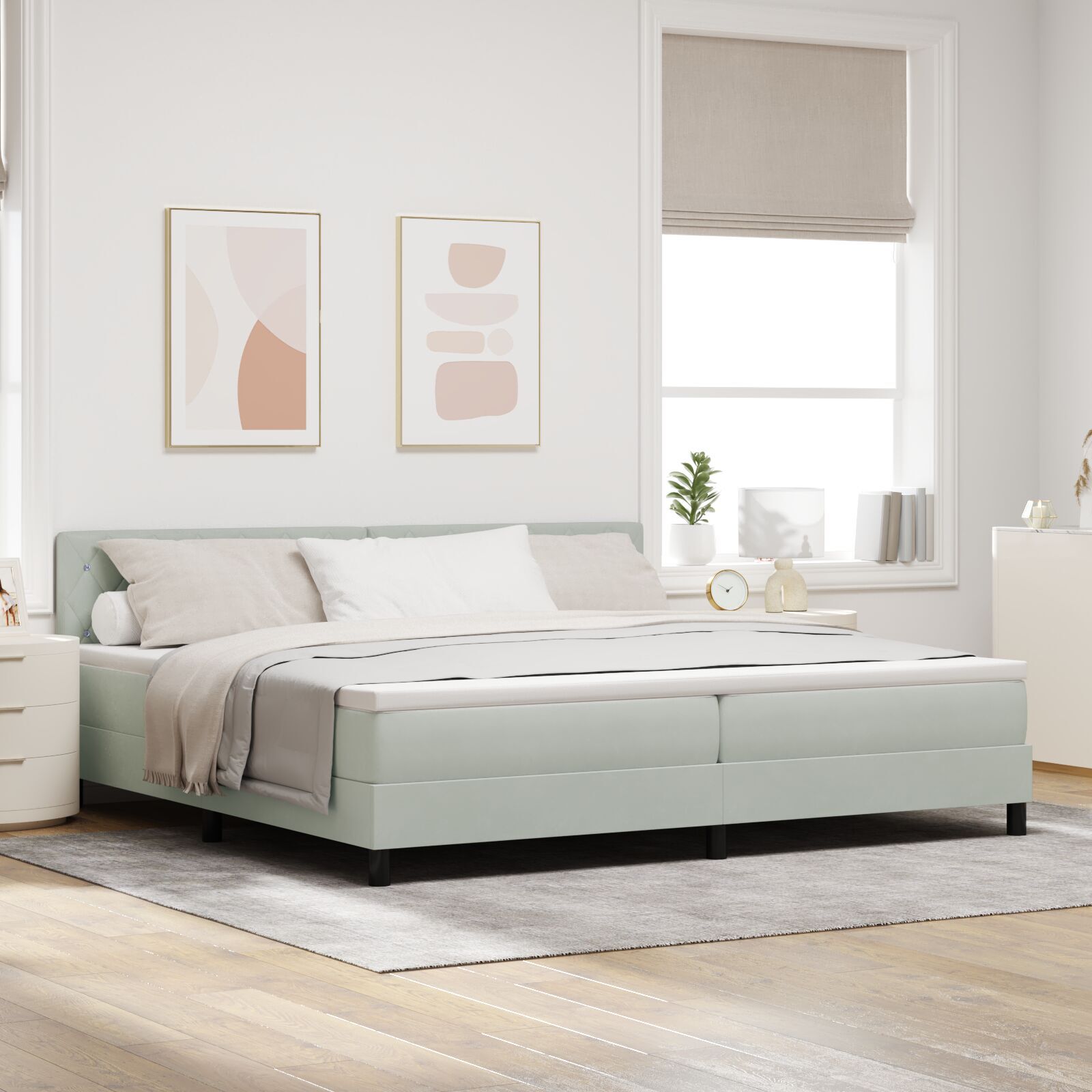 vidaXL Pat cu Arcuri și Saltea Gri deschis 200 x 200 cm țesătură vidaXL Pat cu Arcuri și Saltea Gri deschis 200 x 200 cm țesătură