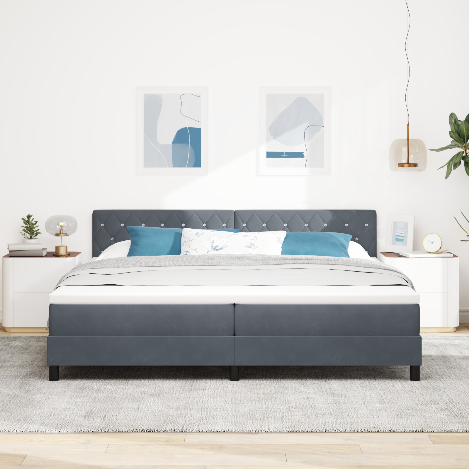 vidaXL Pat cu Arcuri și Saltea Gri închis 200 x 200 cm țesătură vidaXL Pat cu Arcuri și Saltea Gri închis 200 x 200 cm țesătură