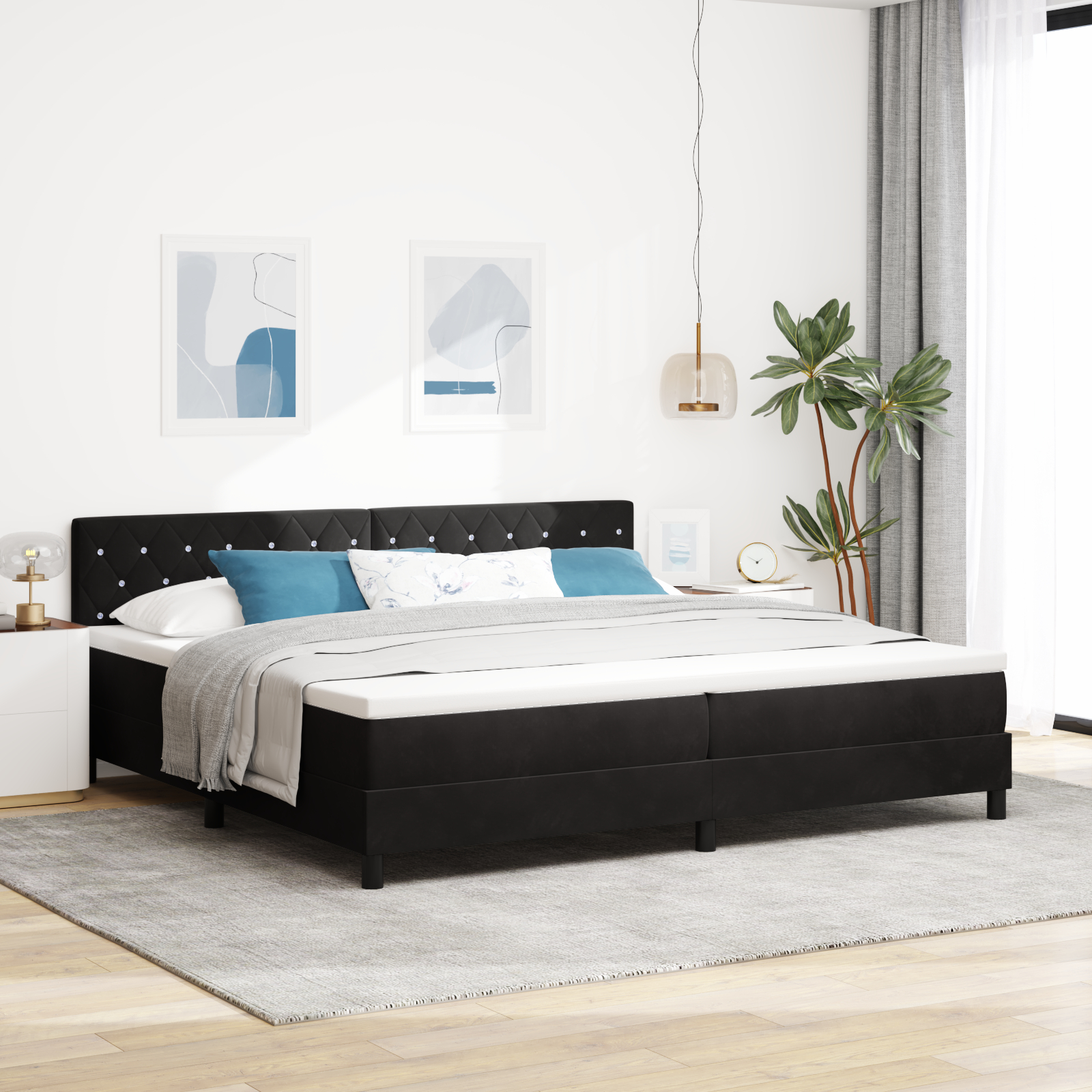 vidaXL Pat cu Arcuri și Saltea cu saltea Negru 200 x 200 cm țesătură vidaXL Pat cu Arcuri și Saltea cu saltea Negru 200 x 200 cm țesătură