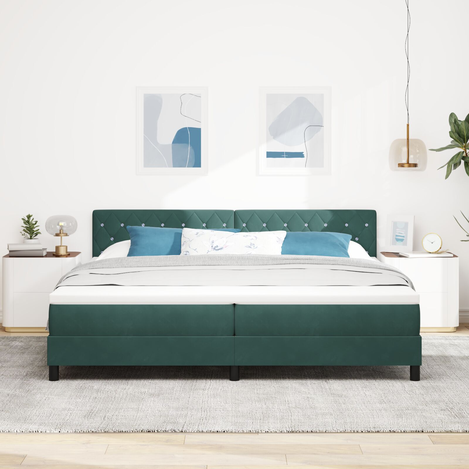vidaXL Pat cu Arcuri și Saltea Verde închis 200 x 200 cm țesătură vidaXL Pat cu Arcuri și Saltea Verde închis 200 x 200 cm țesătură