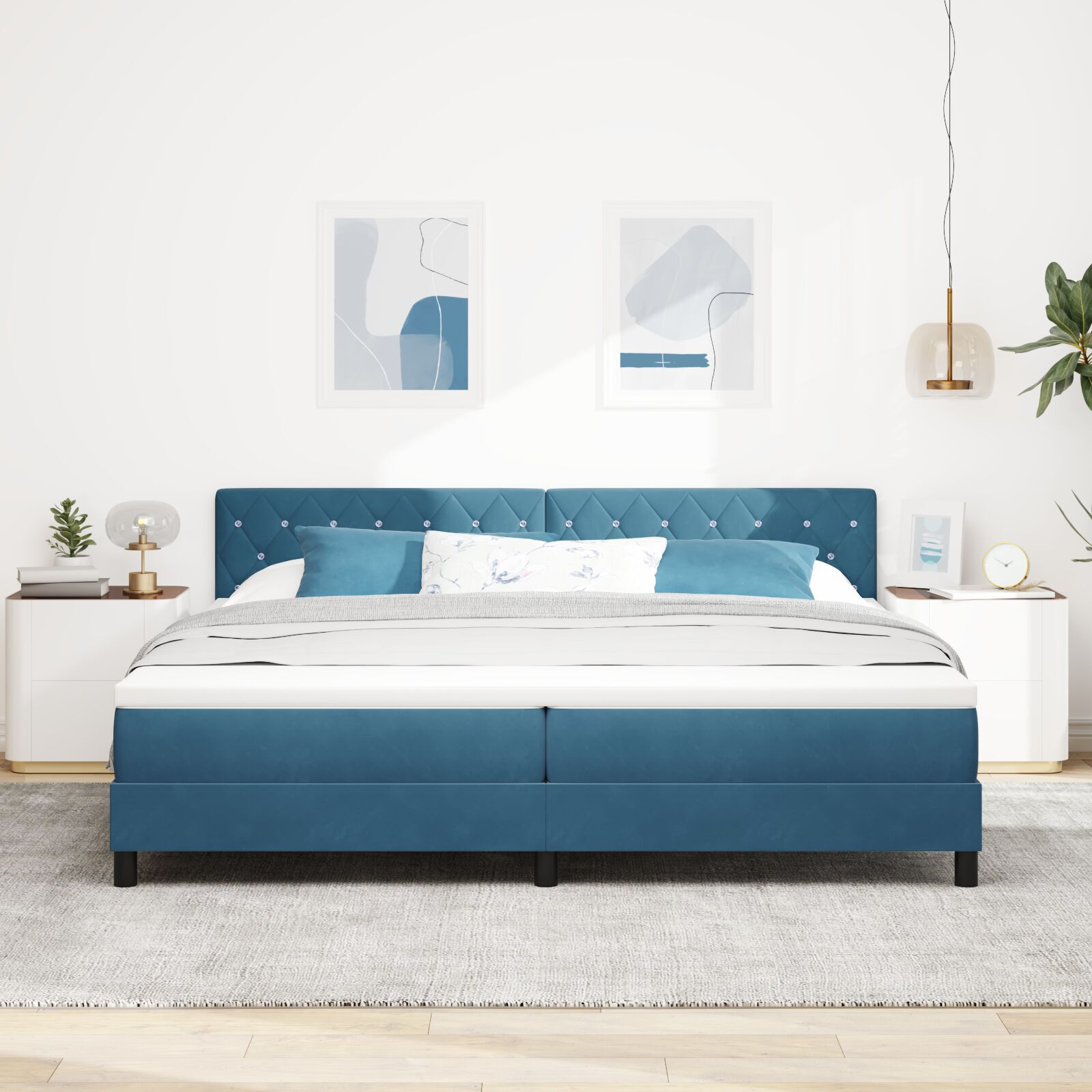 vidaXL Pat cu Arcuri și Saltea Albastru închis 200 x 200 cm țesătură vidaXL Pat cu Arcuri și Saltea Albastru închis 200 x 200 cm țesătură