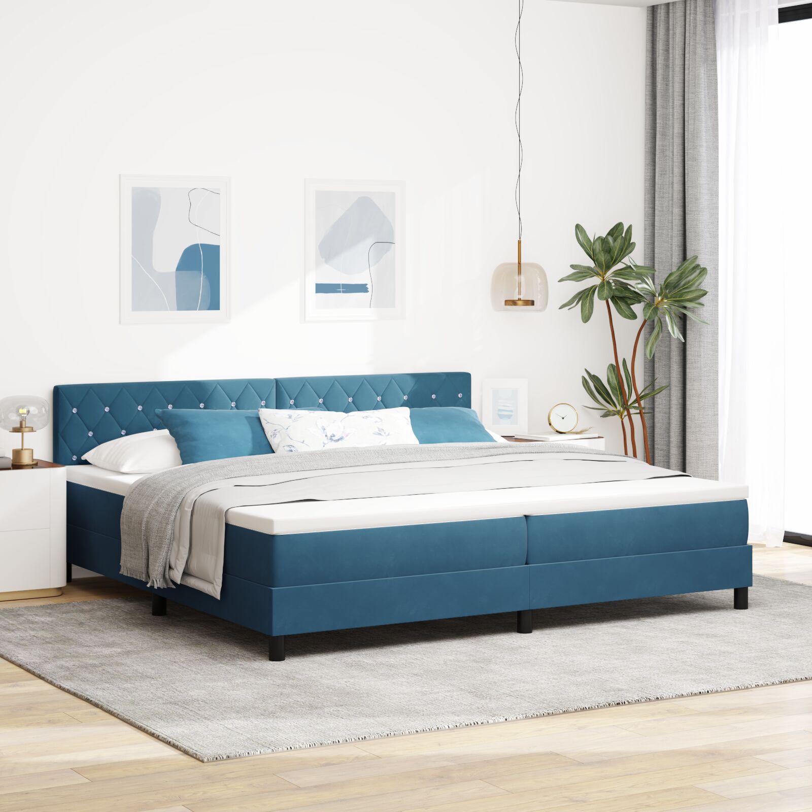 vidaXL Pat cu Arcuri și Saltea Albastru închis 200 x 200 cm țesătură vidaXL Pat cu Arcuri și Saltea Albastru închis 200 x 200 cm țesătură