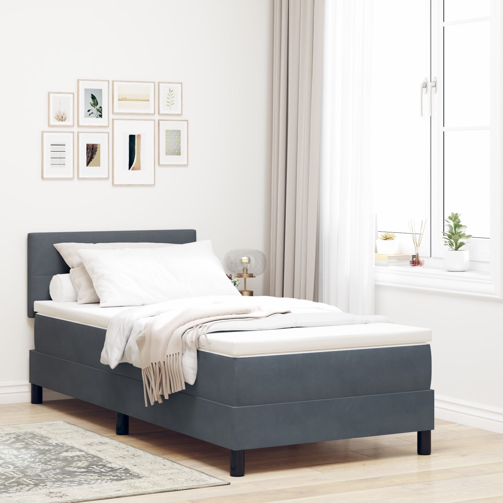 vidaXL Pat cu Arcuri și Saltea Gri închis 90 x 190 cm țesătură vidaXL Pat cu Arcuri și Saltea Gri închis 90 x 190 cm țesătură