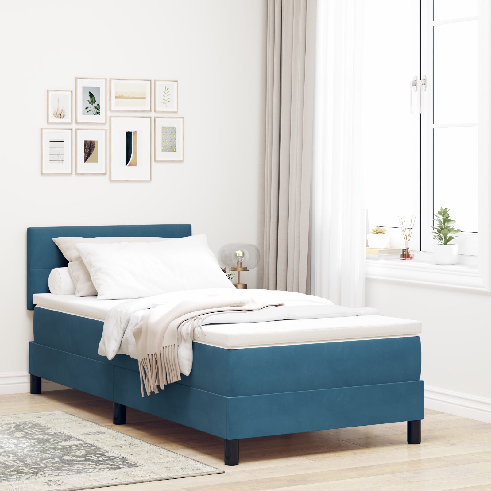vidaXL Pat cu Arcuri și Saltea Albastru închis 100 x 200 cm țesătură vidaXL Pat cu Arcuri și Saltea Albastru închis 100 x 200 cm țesătură