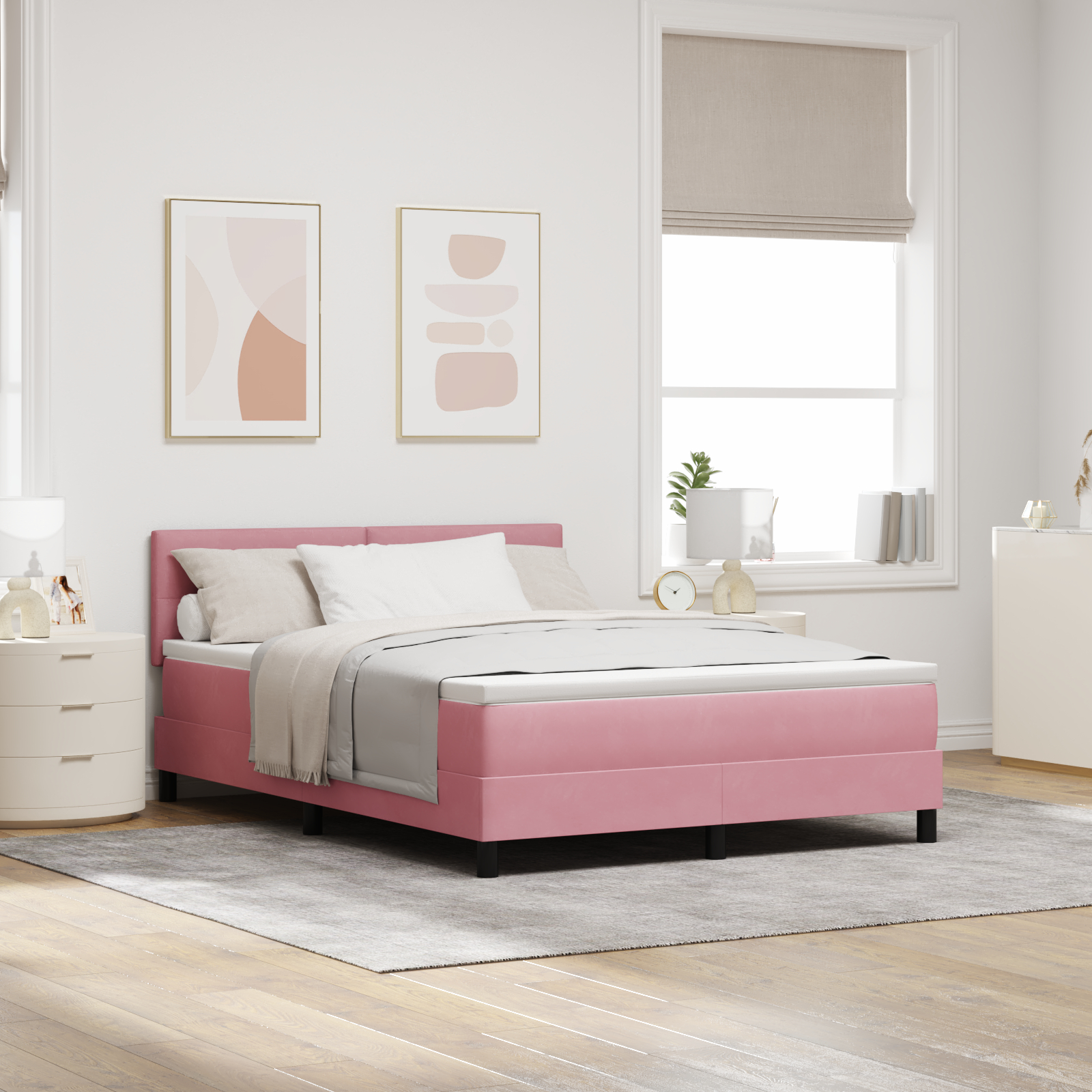 vidaXL Pat cu Arcuri și Saltea cu saltea Roz 160 x 200 cm țesătură vidaXL Pat cu Arcuri și Saltea cu saltea Roz 160 x 200 cm țesătură