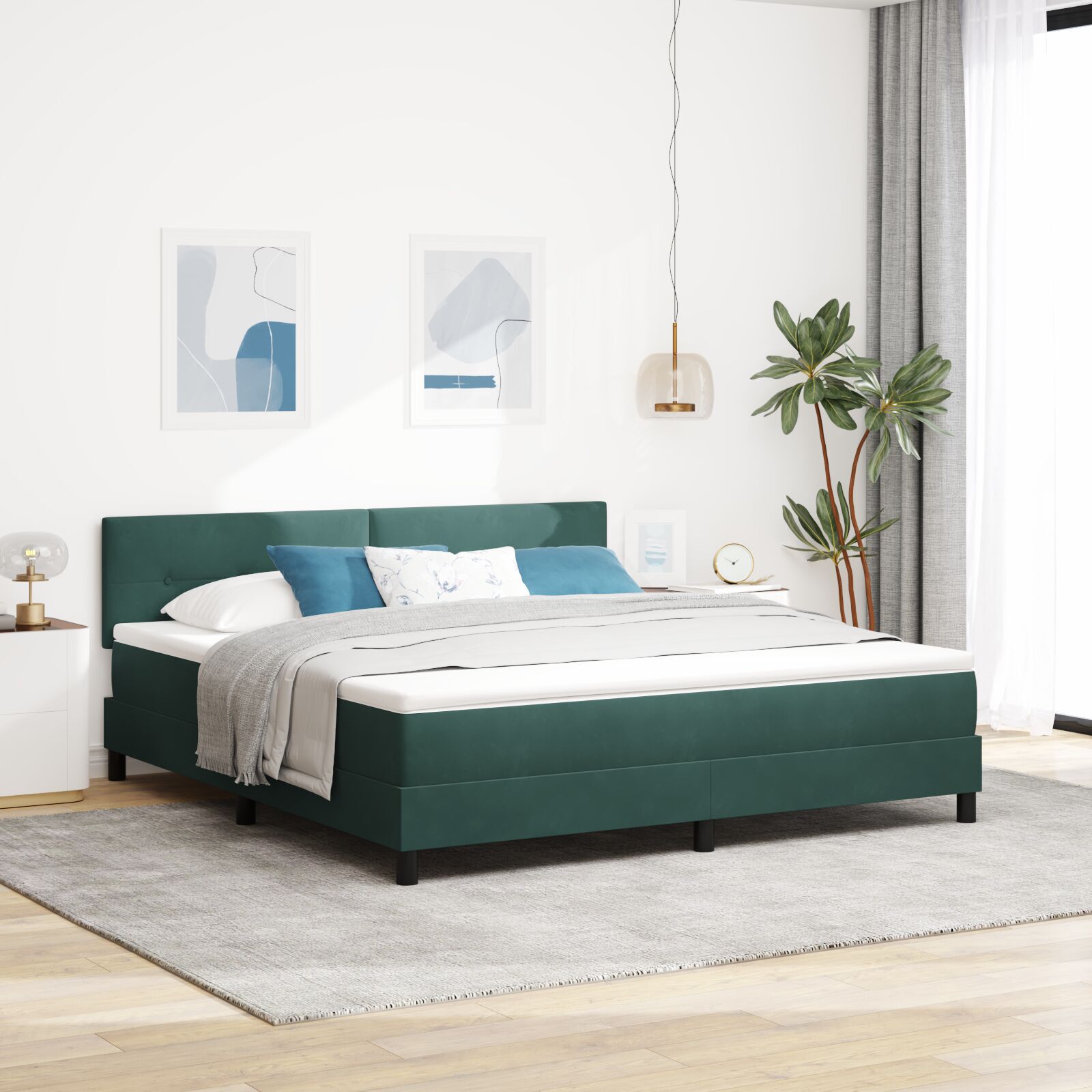 vidaXL Pat cu Arcuri și Saltea Verde închis 180 x 200 cm țesătură vidaXL Pat cu Arcuri și Saltea Verde închis 180 x 200 cm țesătură