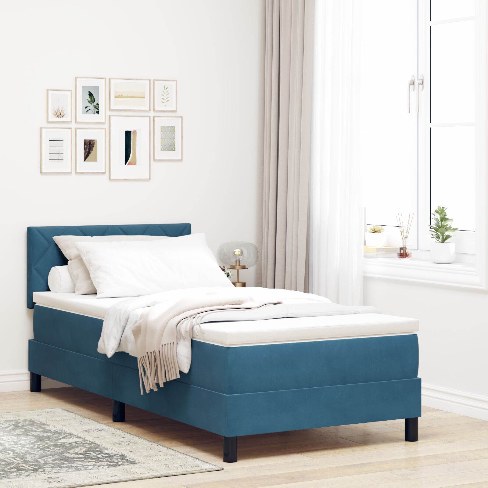 vidaXL Pat cu Arcuri și Saltea Albastru închis 90 x 190 cm țesătură vidaXL Pat cu Arcuri și Saltea Albastru închis 90 x 190 cm țesătură