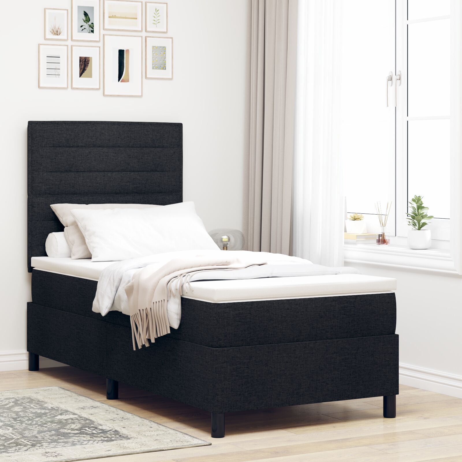 vidaXL Pat cu arcuri cu saltea Negru 100 x 200 cm țesătură vidaXL Pat cu arcuri cu saltea Negru 100 x 200 cm țesătură