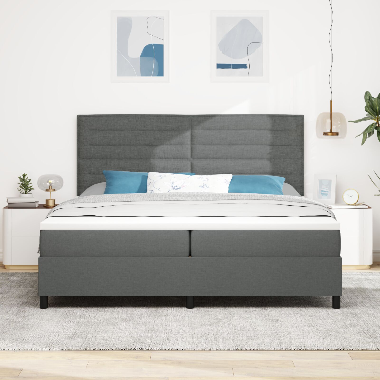 vidaXL Pat cu arcuri cu saltea Gri închis 200 x 200 cm țesătură vidaXL Pat cu arcuri cu saltea Gri închis 200 x 200 cm țesătură