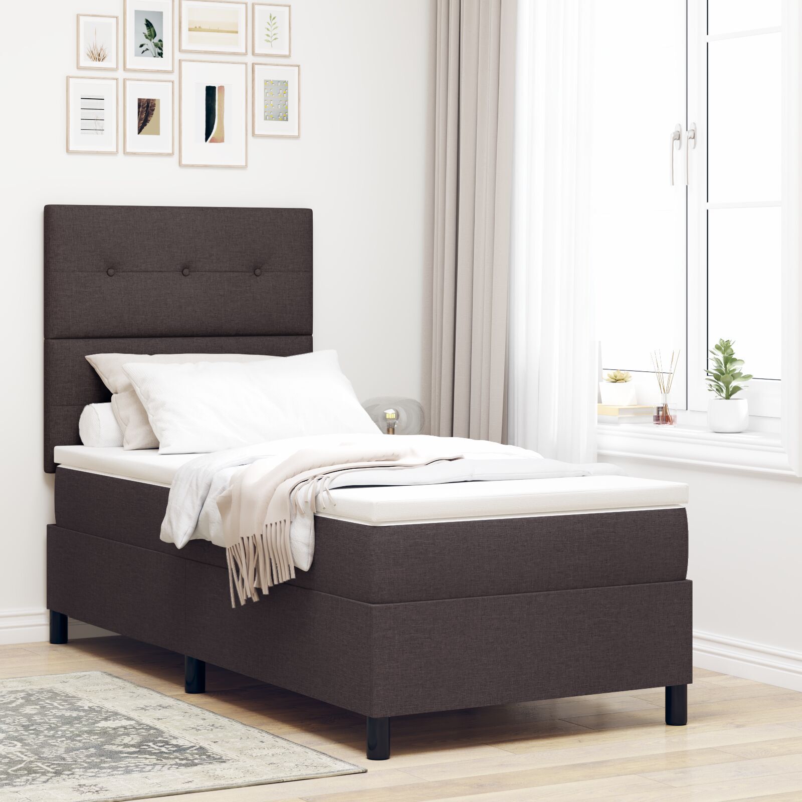 vidaXL Pat cu arcuri cu saltea Maro închis 90 x 200 cm țesătură vidaXL Pat cu arcuri cu saltea Maro închis 90 x 200 cm țesătură