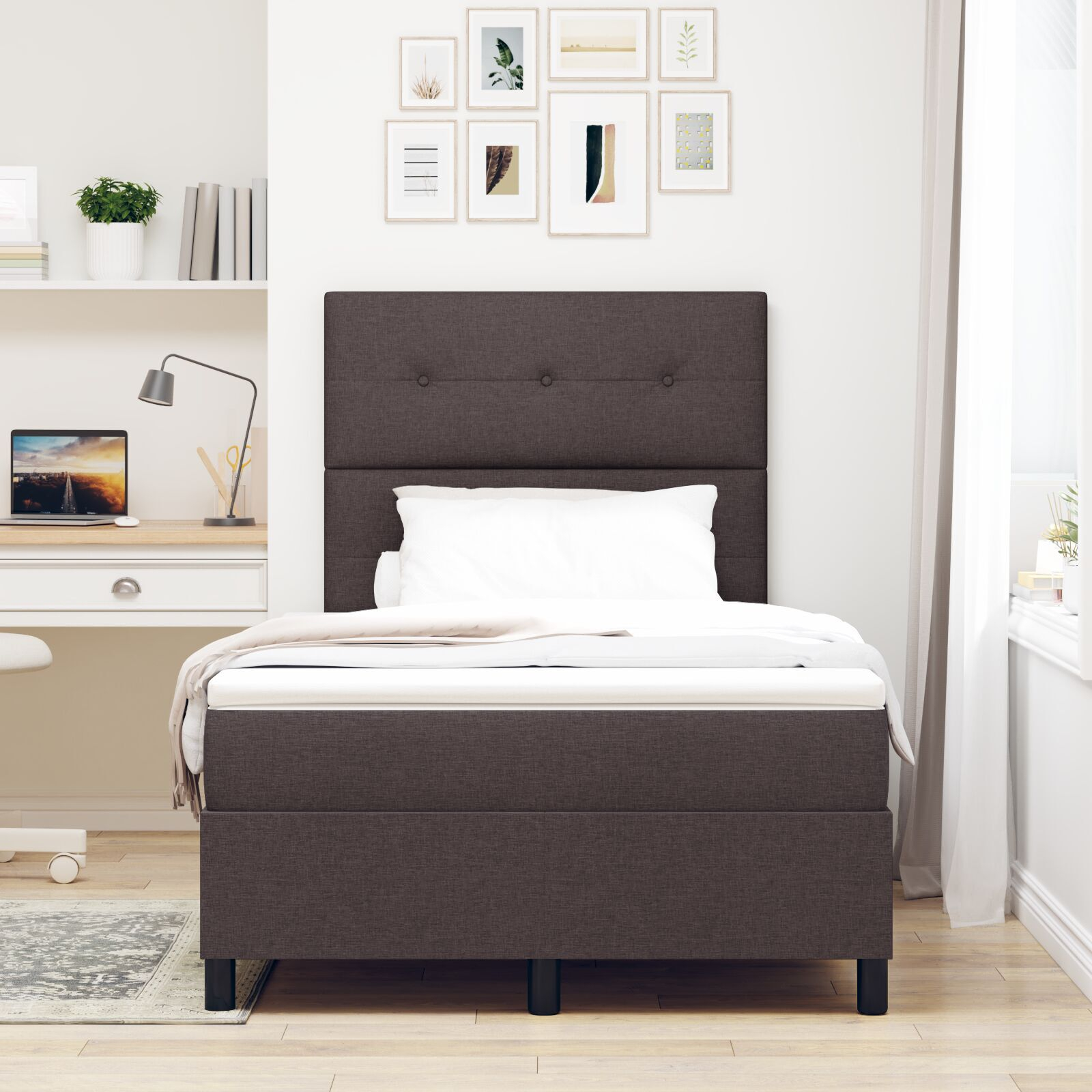 vidaXL Pat cu arcuri cu saltea Maro închis 120 x 200 cm țesătură vidaXL Pat cu arcuri cu saltea Maro închis 120 x 200 cm țesătură