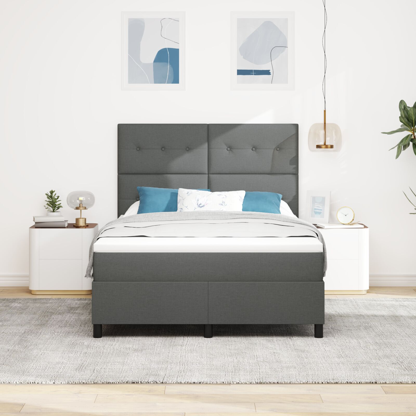 vidaXL Pat cu arcuri cu saltea Gri închis 160 x 200 cm țesătură vidaXL Pat cu arcuri cu saltea Gri închis 160 x 200 cm țesătură