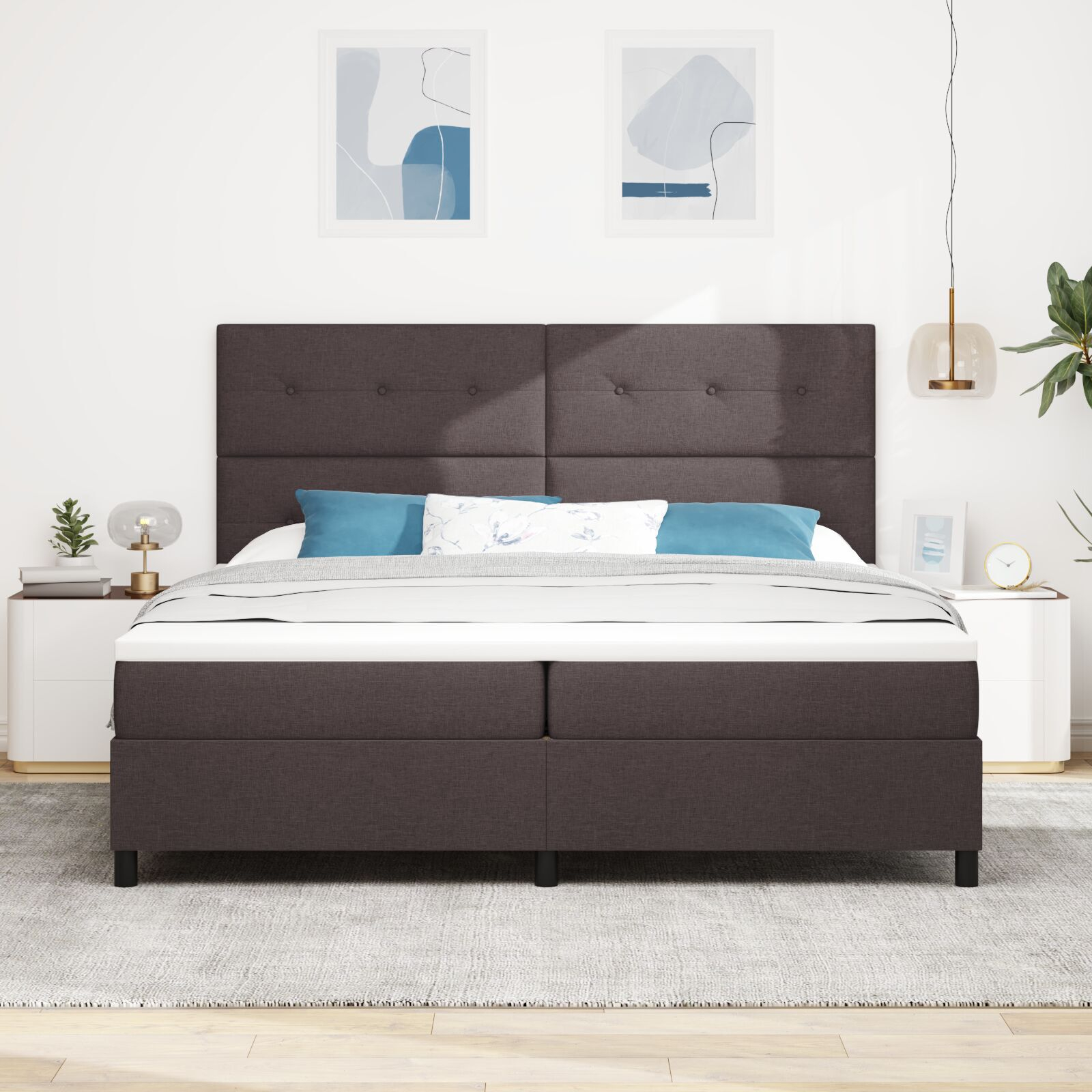 vidaXL Pat cu arcuri cu saltea Maro închis 200 x 200 cm țesătură vidaXL Pat cu arcuri cu saltea Maro închis 200 x 200 cm țesătură