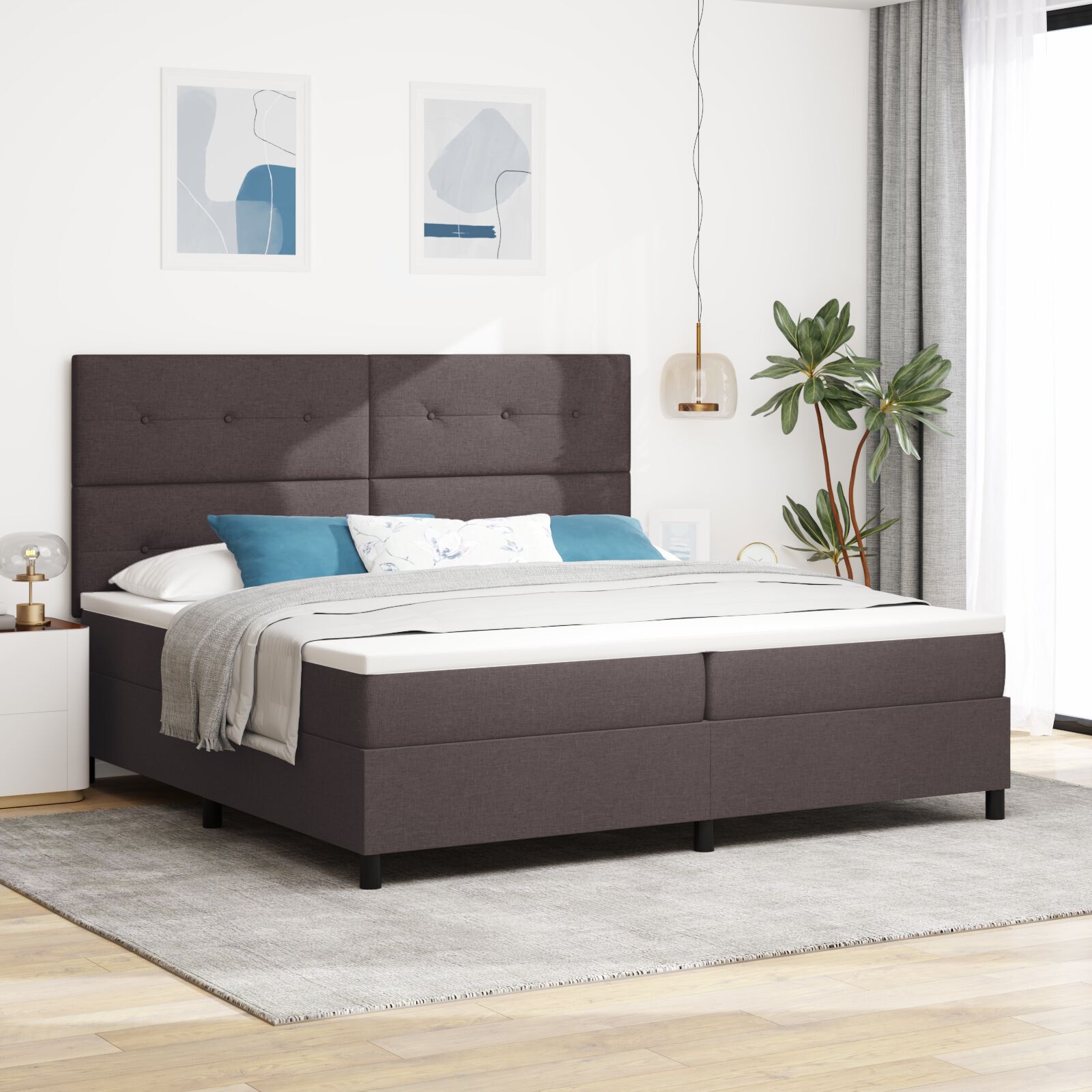 vidaXL Pat cu arcuri cu saltea Maro închis 200 x 200 cm țesătură vidaXL Pat cu arcuri cu saltea Maro închis 200 x 200 cm țesătură